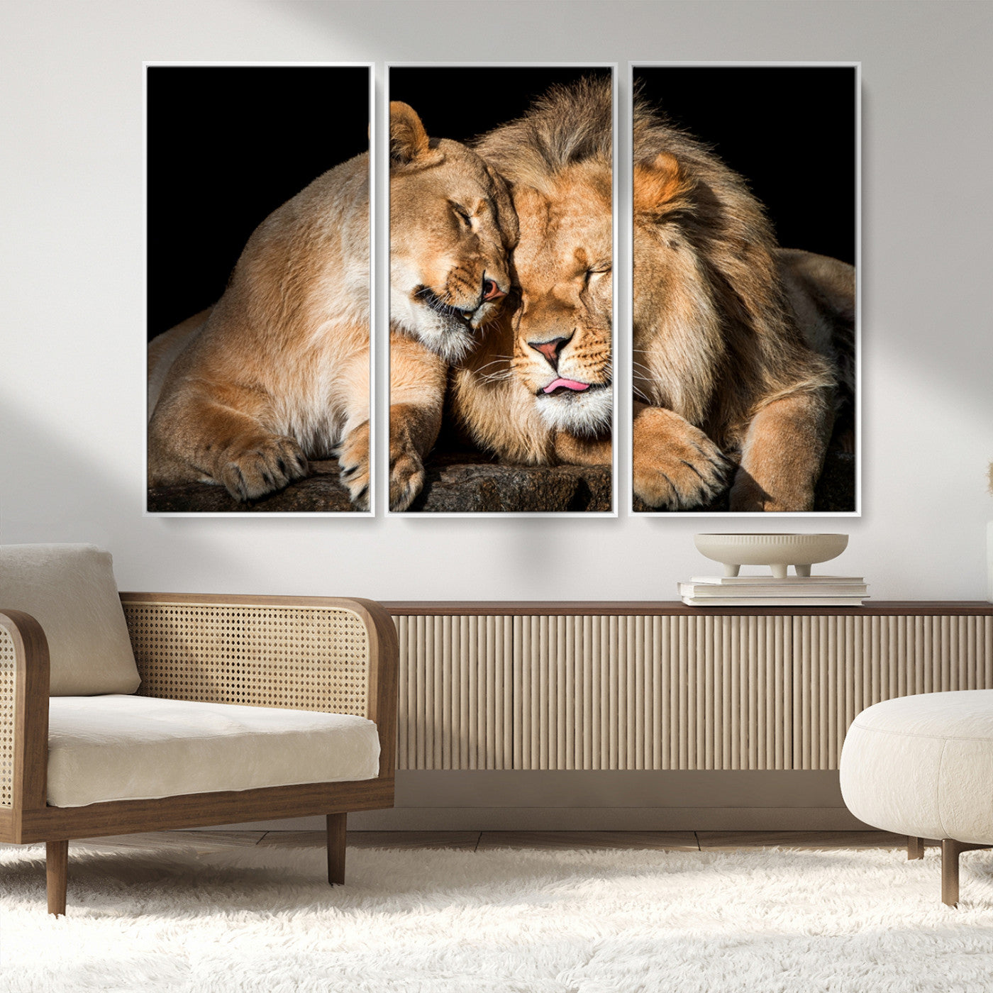 MGV-FC-48X32-3P - Lion and Lioness Wall Art Print Canvas | 3-Panel African Wildlife Canvas Print | Animal-Themed Art