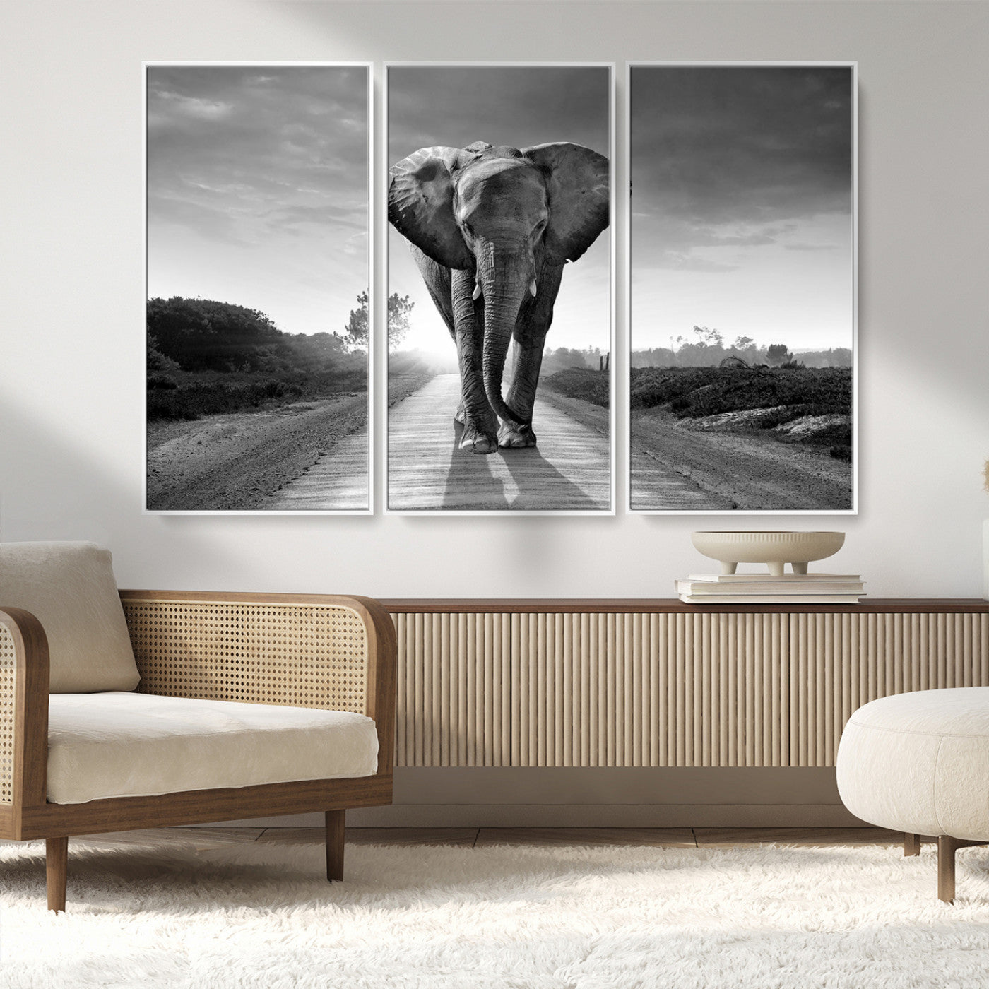 MGV-FC-48X32-3P - Black and White Elephant Wall Art Canvas Print