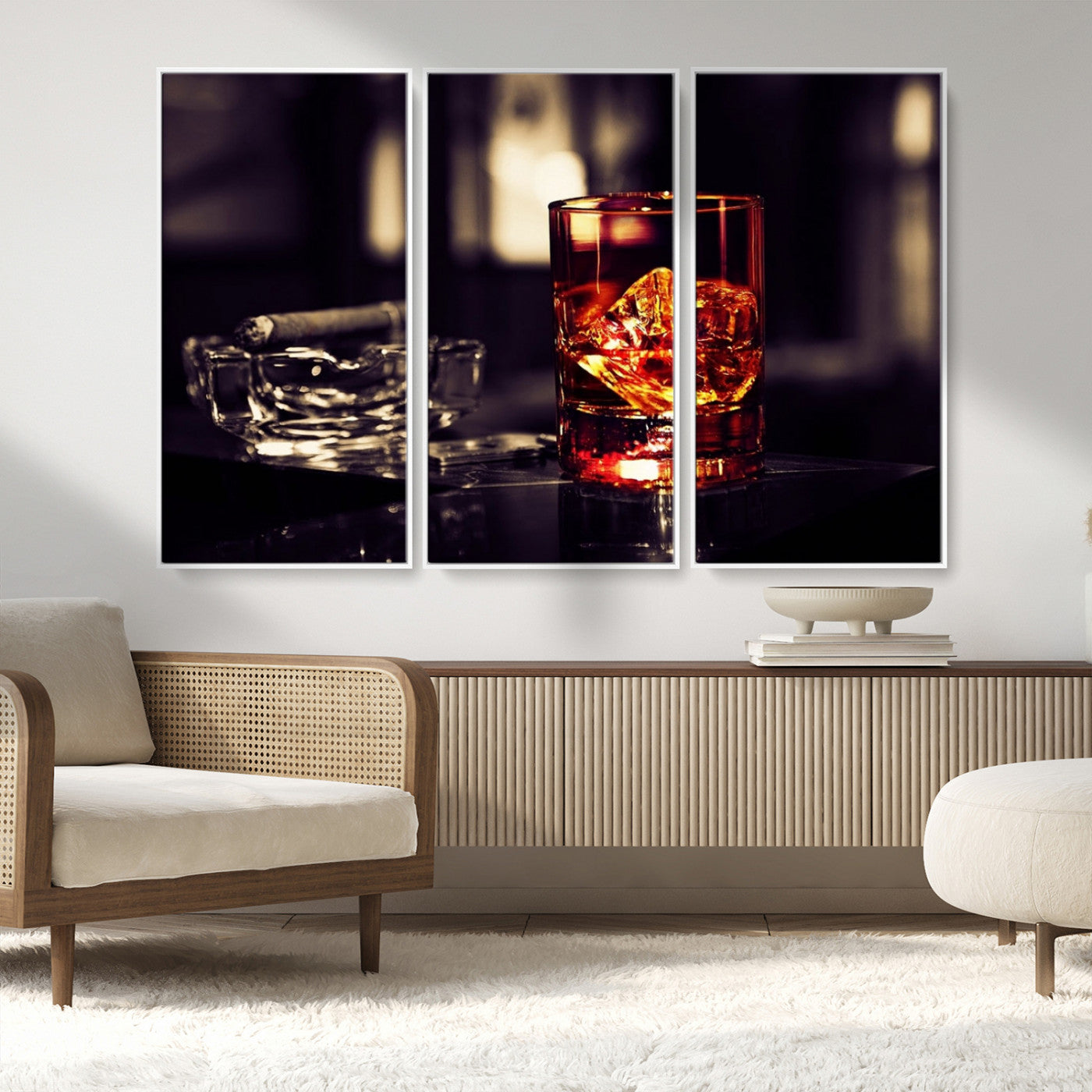 MGV-FC-48X32-3P - Whiskey and Cigar Canvas – Luxurious Wall Art for Home or Bar – Glass and Cigar Scene Print Canvas
