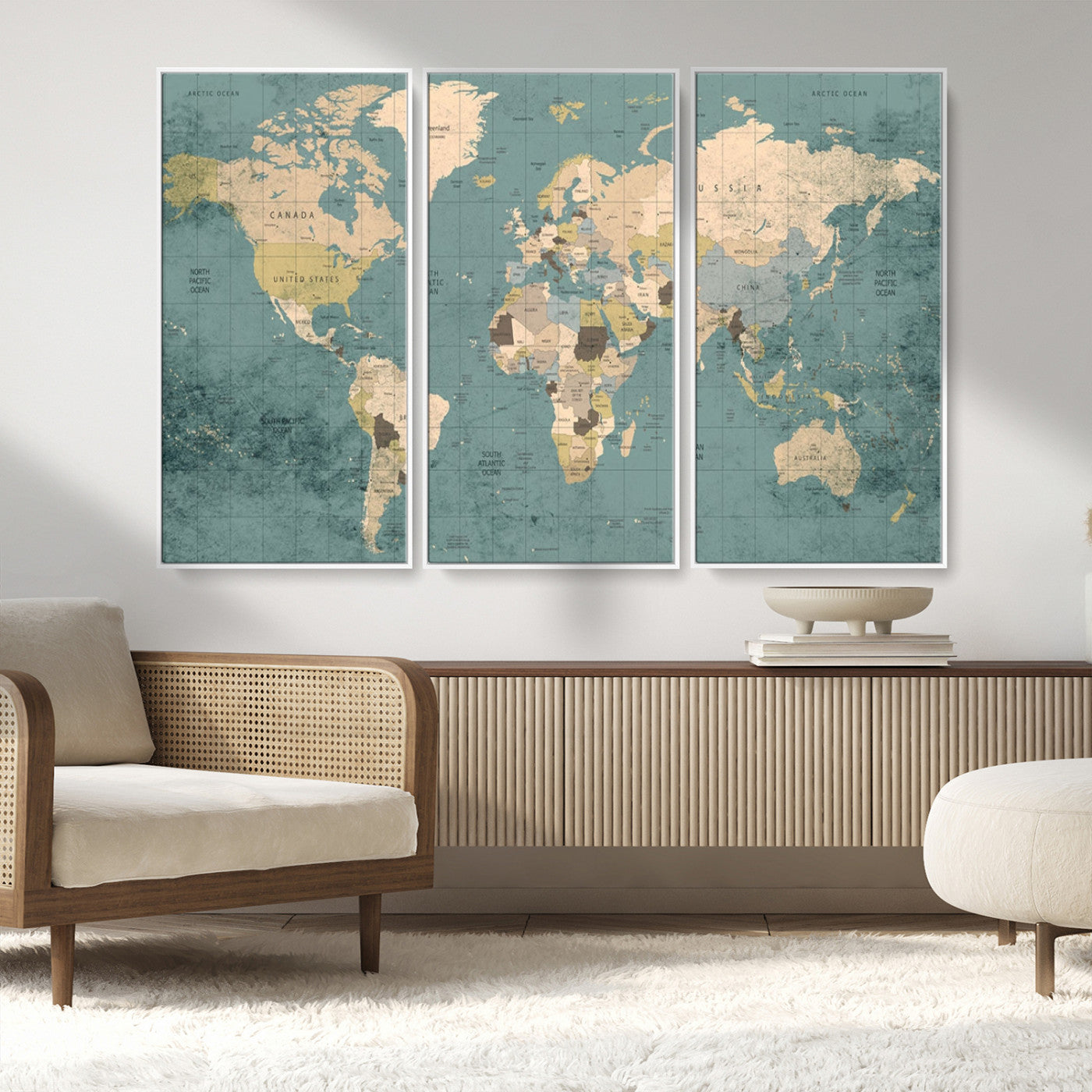 MGV-FC-48X32-3P - Classic World Map Wall Art Canvas Print, Framed Retro Map Art Picture Print, Vintage Atlas Perfect Rustic Explorer Decor Artwork