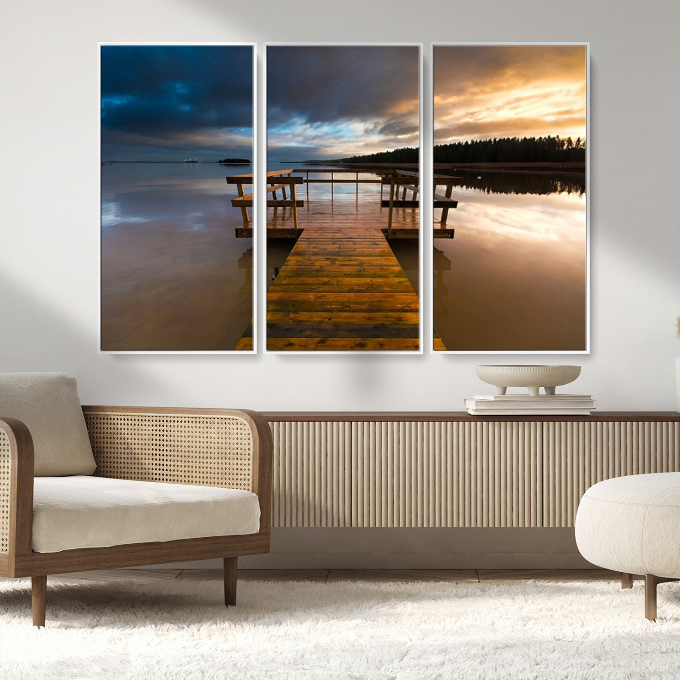 MGV-FC-48X32-3P - Serene Lake Pier at Sunset Canvas Print | Landscape Canvas Print | Ready to Hang and Framed Wall Art
