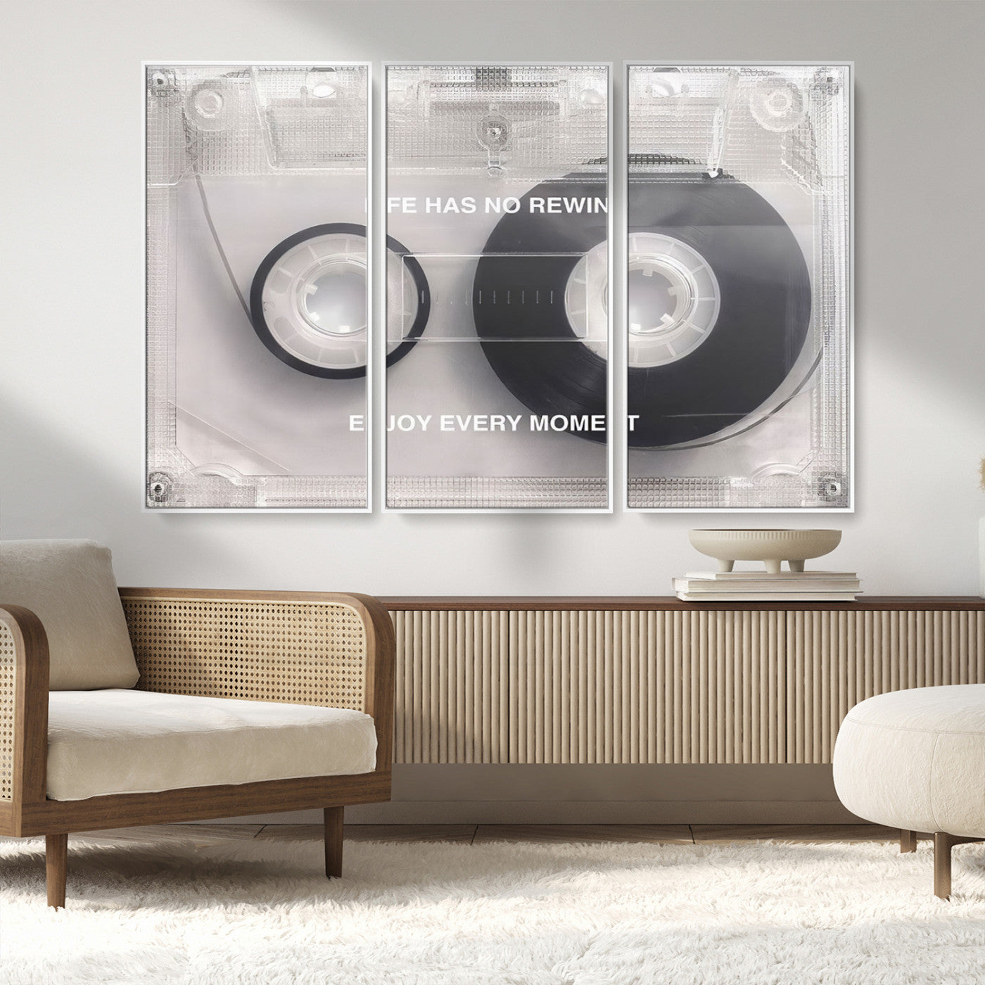MGV-FC-48X32-3P - Vintage Cassette Tape Canvas Wall Art - Inspirational 'Life Has No Rewind' Quote, Retro Music Decor