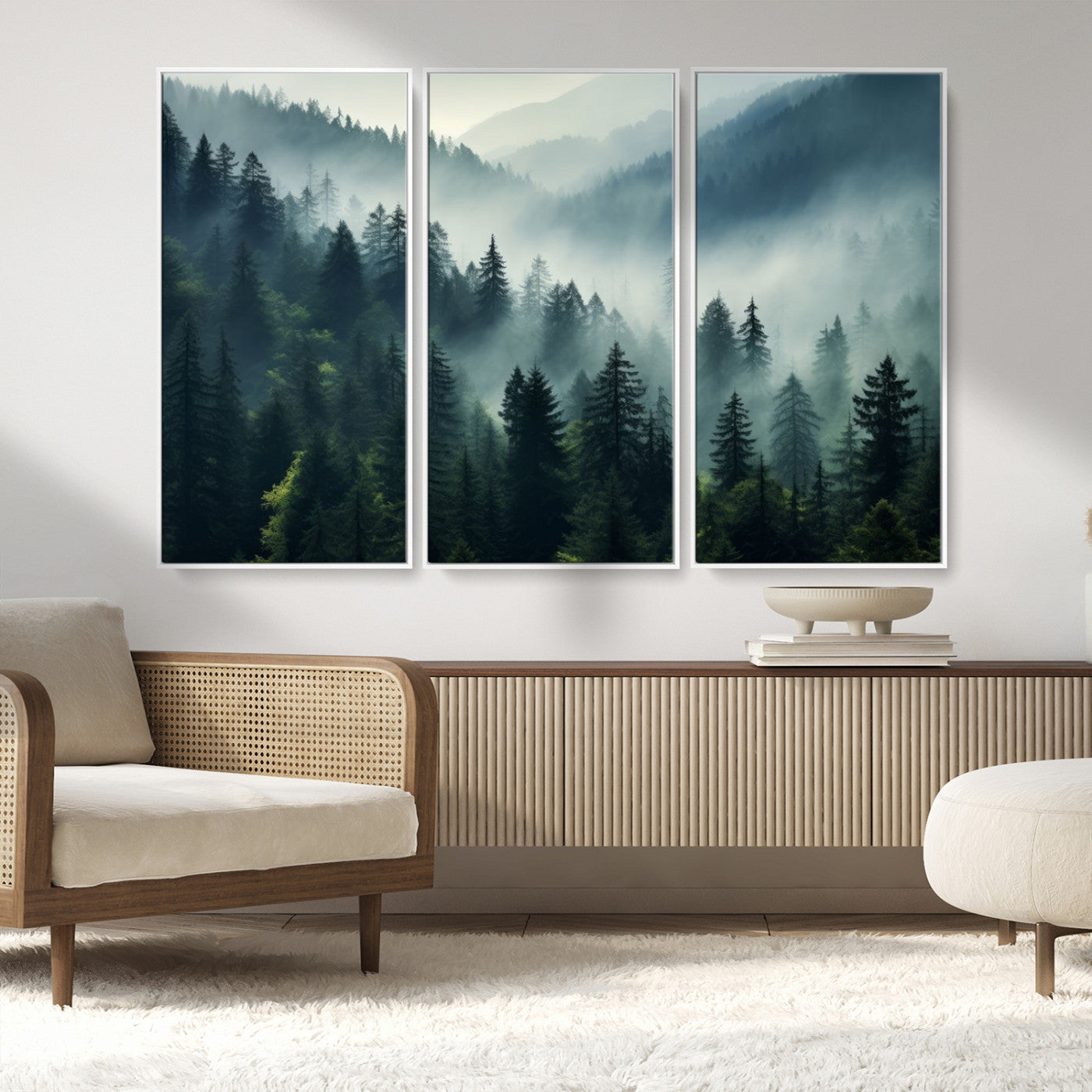MGV-FC-48X32-3P - Captivating Misty Forest Wall Art Premium Canvas Print a Foggy and Serene Atmosphere Art