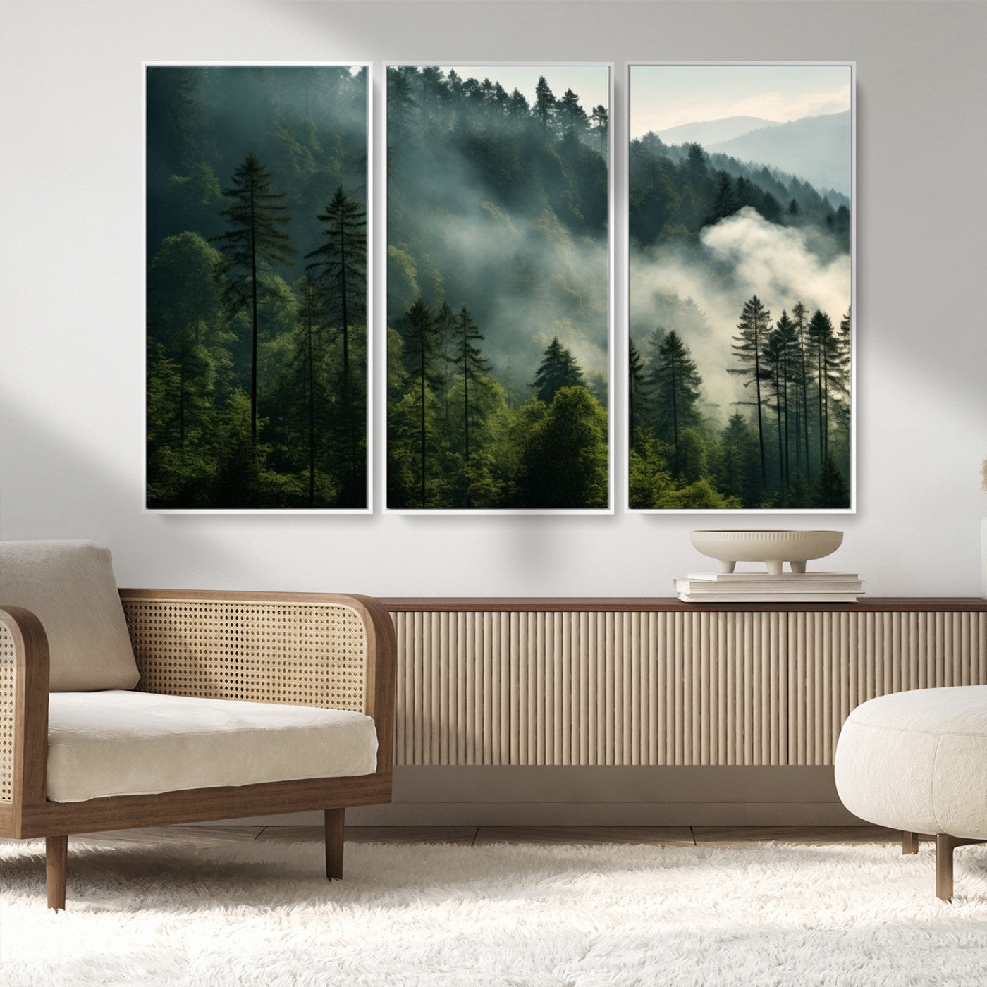 MGV-FC-48X32-3P - Misty Forest Wall Art Premium Canvas Print a Foggy and Serene Atmosphere