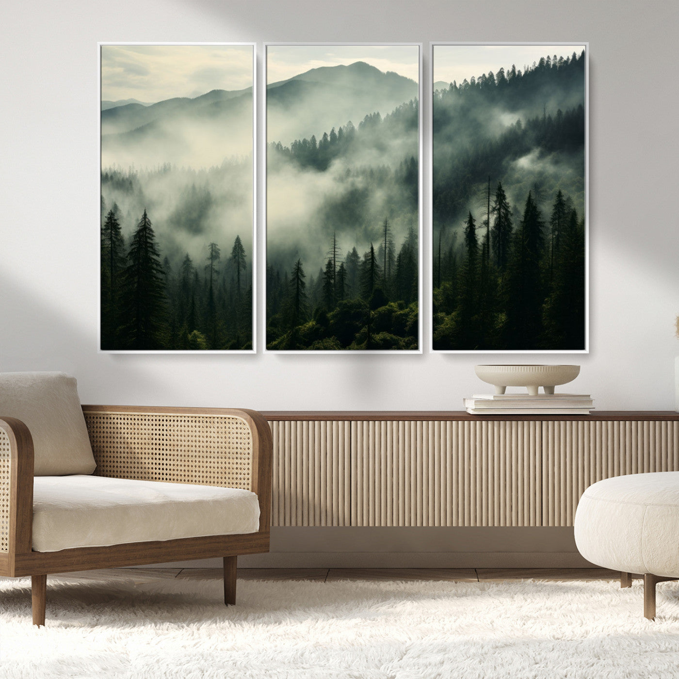 MGV-FC-48X32-3P - Captivating Misty Forest Wall Art Premium Canvas Print a Foggy and Serene Atmosphere
