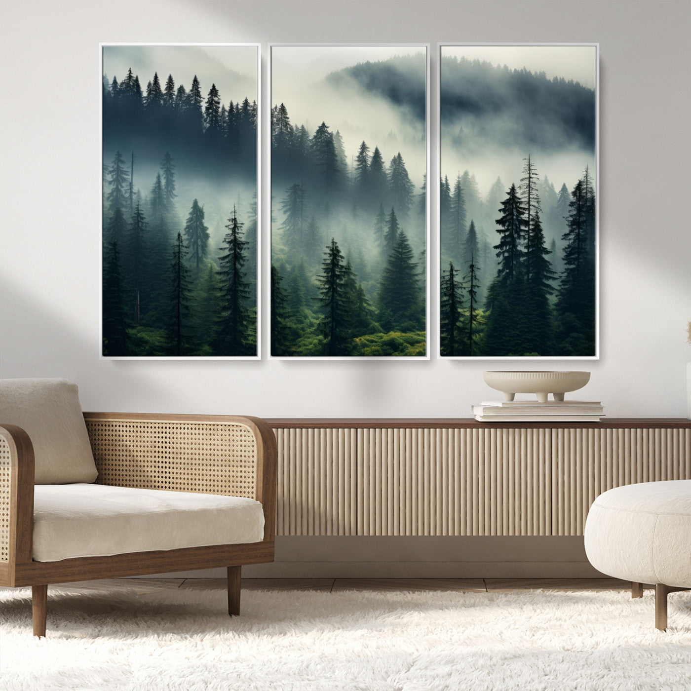 MGV-FC-48X32-3P - Captivating Misty Forest Wall Art Premium Canvas Print a Foggy and Serene Atmosphere