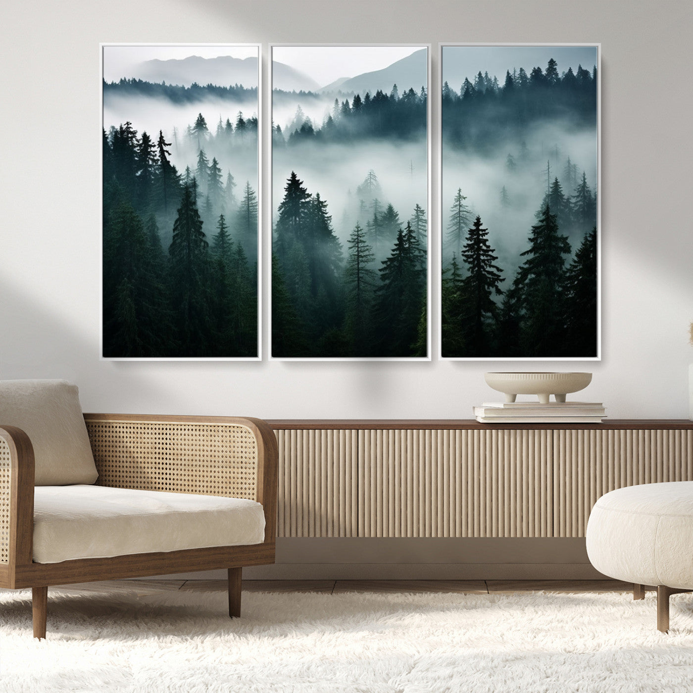 MGV-FC-48X32-3P - Captivating Misty Forest Wall Art Canvas, Premium Canvas Print a Foggy and Serene Atmosphere