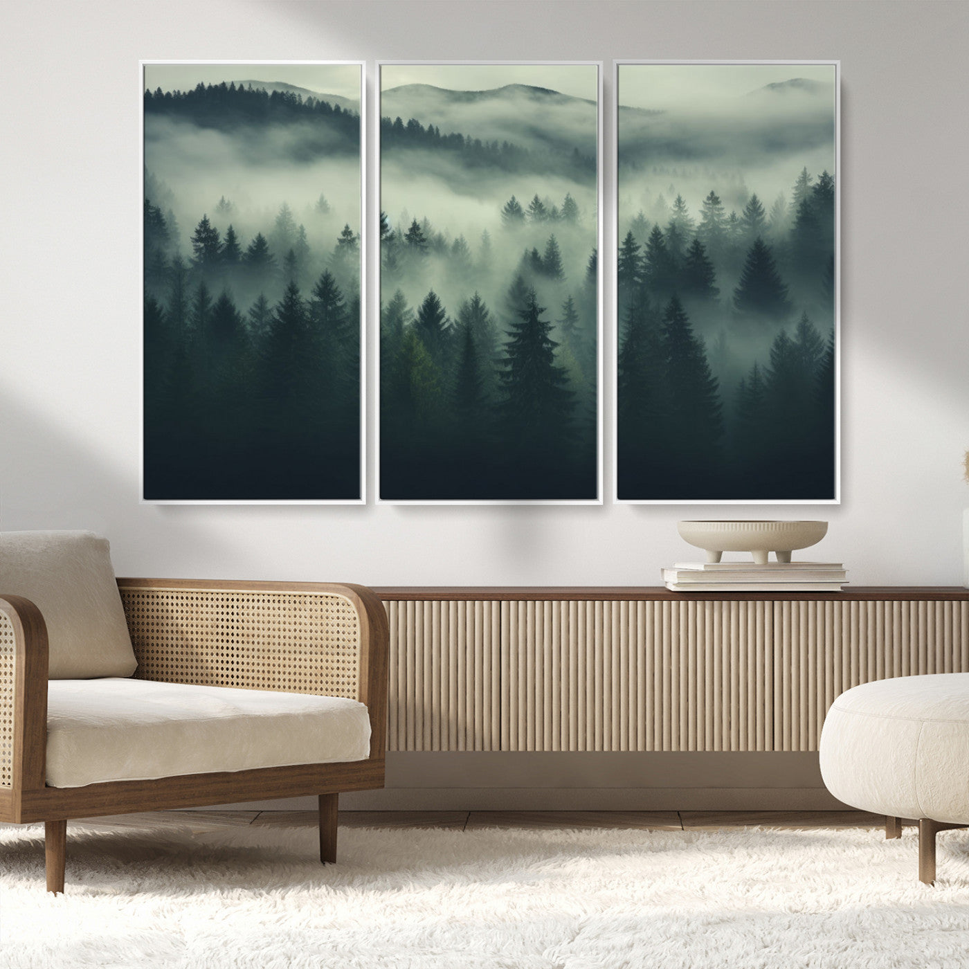 MGV-FC-48X32-3P - Misty Forest Wall Art Premium Canvas Print a Foggy and Serene Atmosphere