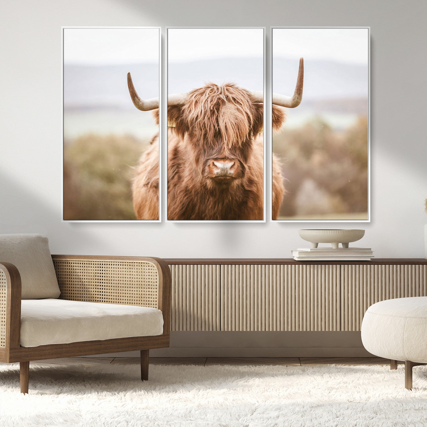 MGV-FC-48X32-3P - Scottish Serene Highland Cow Canvas Wall Art – Serene Highland Cow in Natural Pastel Tones – Ready