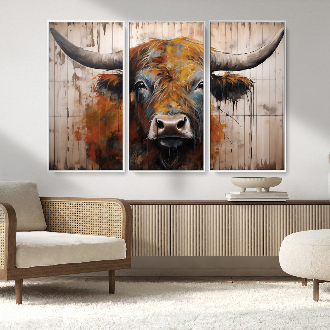 MGV-FC-48X32-3P - Abstract Bull Highland Cow Canvas Wall Art Print – Vibrant Rustic Charm in Modern Farmhouse Decor –
