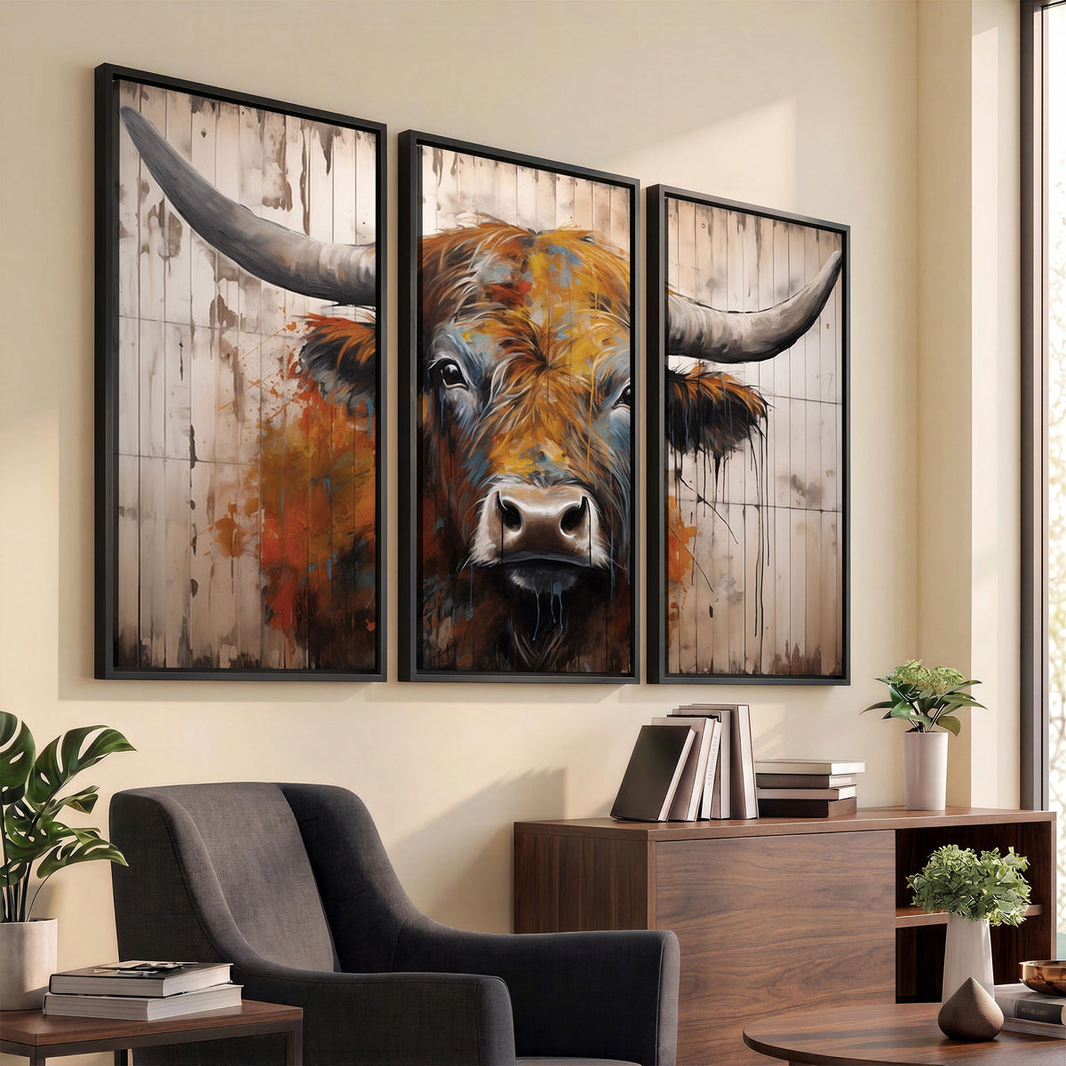 47284-MGV-CV-24X16 - Abstract Bull Highland Cow Canvas Wall Art Print
