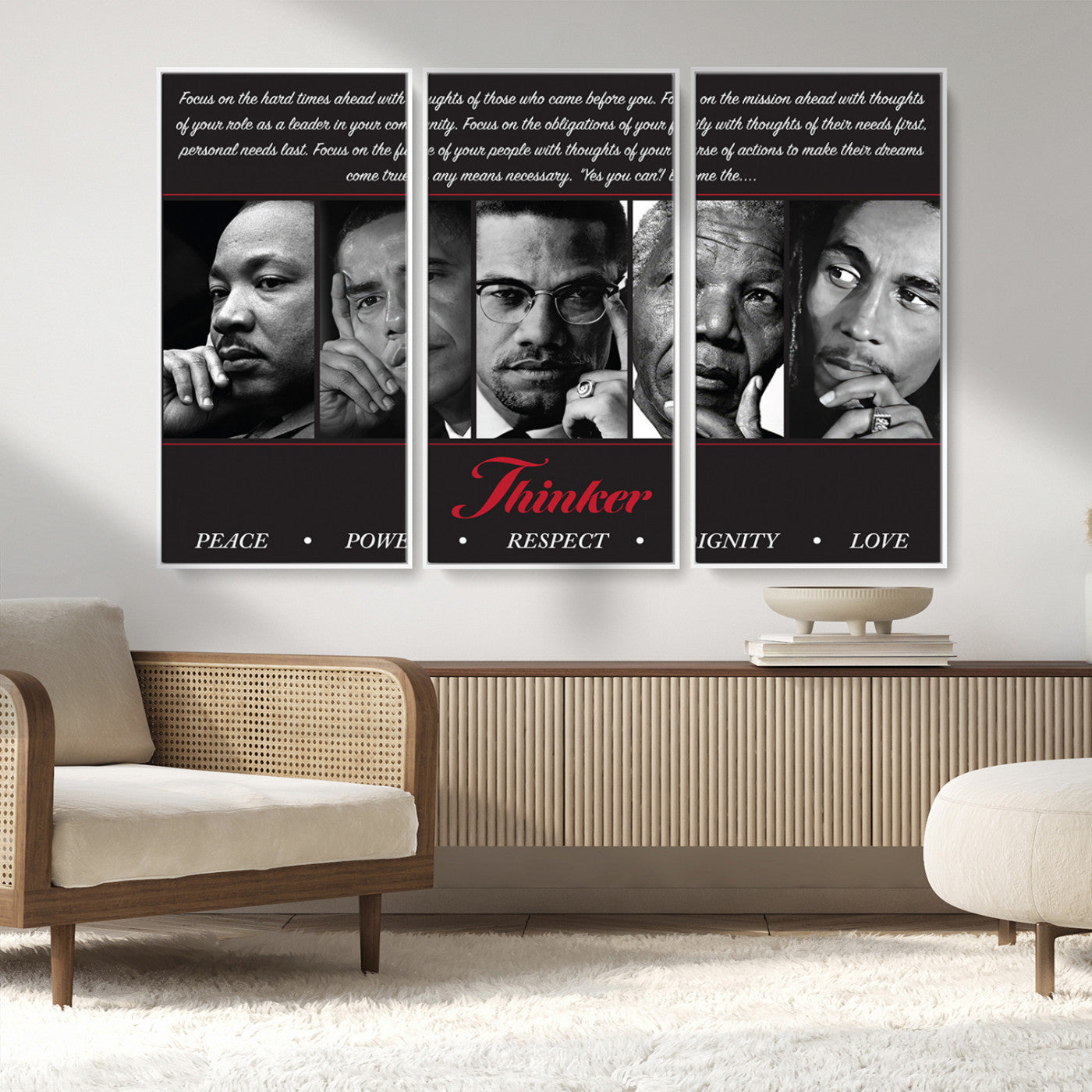 MGV-FC-48X32-3P - Thinker Quintet Canvas Wall Art – Martin, Obama, Malcolm X, Mandela, Marley Featuring Peace, Power,