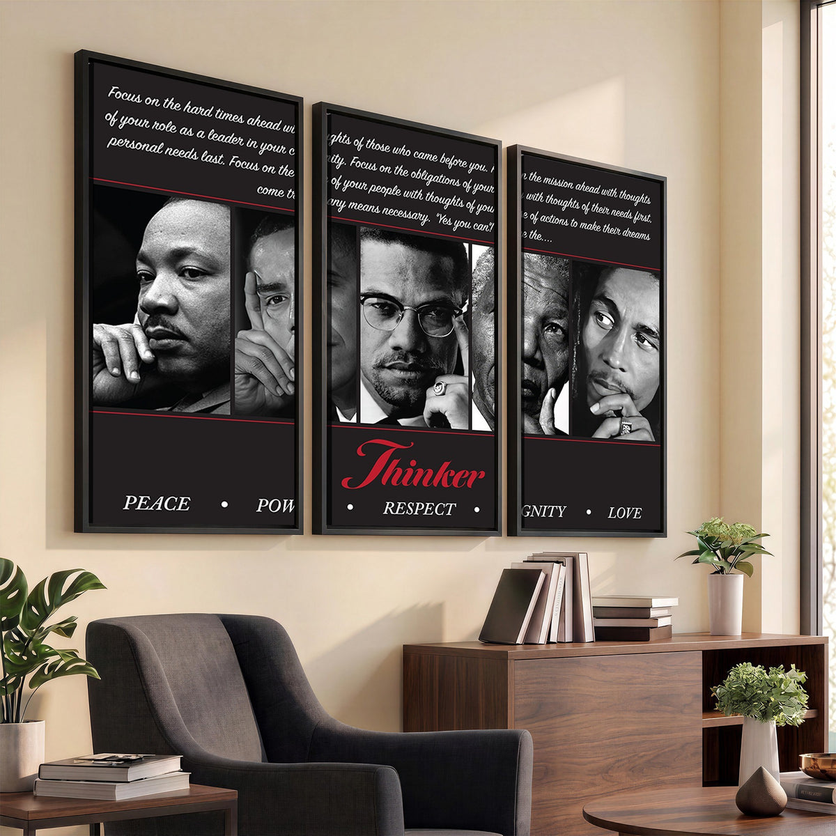 45112-MGV-CV-24X16 - Thinker Quintet Canvas Wall Art | Martin, Obama, Malcolm X, Mandela, Marley, Peace Power Respect Dignity Love
