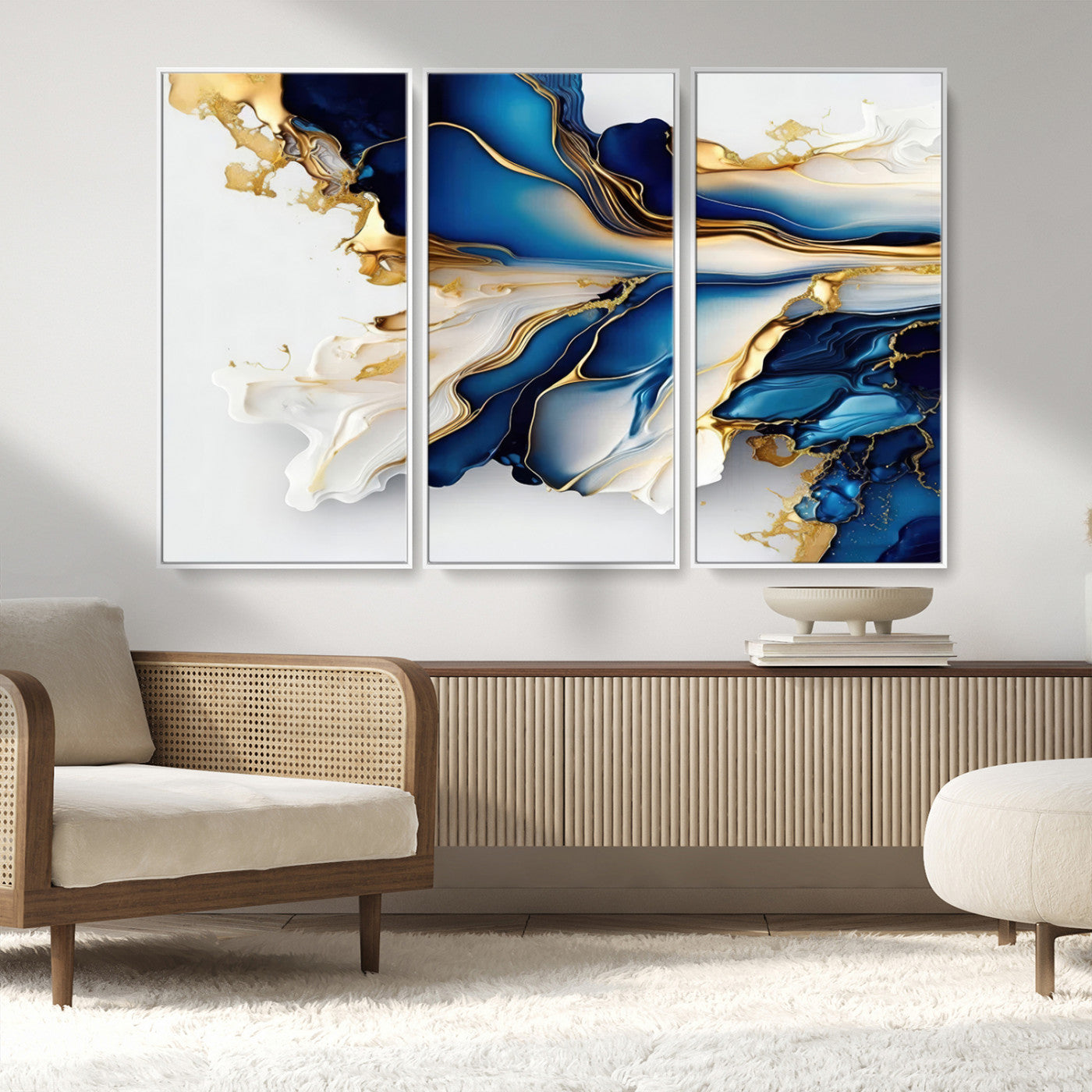 MGV-FC-48X32-3P - Gold Marble Art - Abstract Geode Gold And Blue Marble Shape 3 Pieces Wall Art Canvas Print
