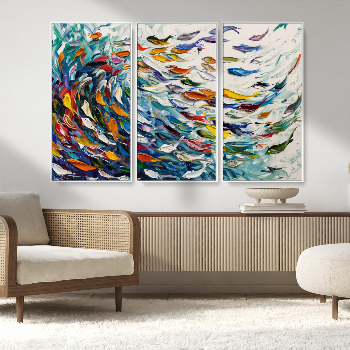 MGV-FC-48X32-3P - Modern Abstract Fish Shoal Wall Art Canvas Print, Colorful Fish Herd Painting on Canvas Print, Ocean