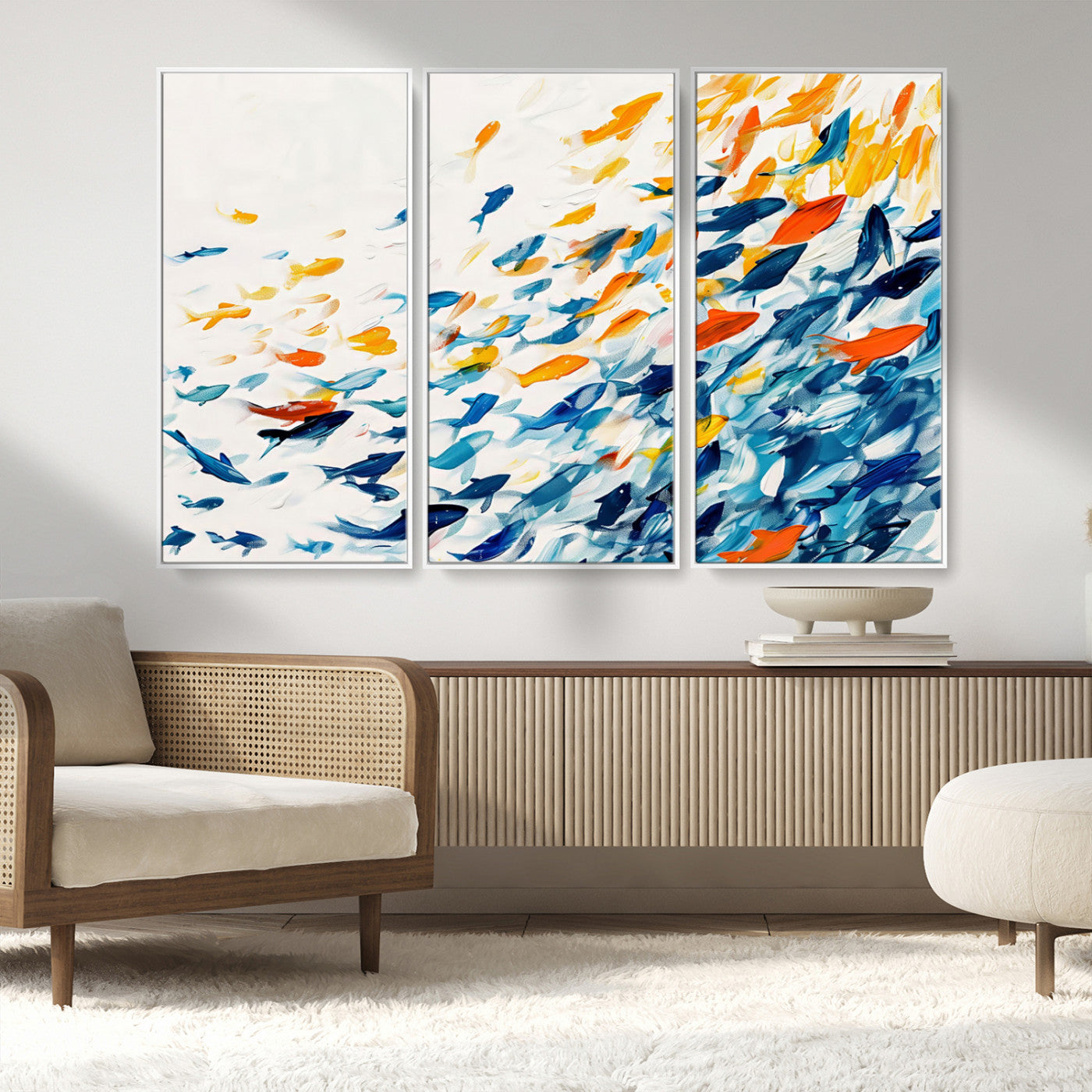 MGV-FC-48X32-3P - Abstract Fish Shoal Wall Art Canvas Print, Colorful Fish Herd Painting on Canvas Print, Ocean Animal