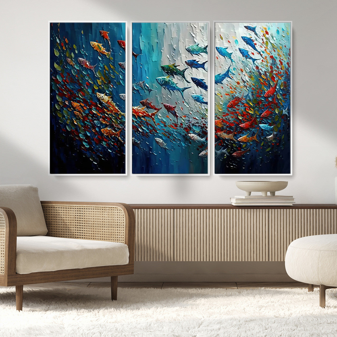 MGV-FC-48X32-3P - Modern Abstract Fish Shoal Wall Art Canvas Print, Colorful Fish Herd Painting on Canvas Print, Ocean