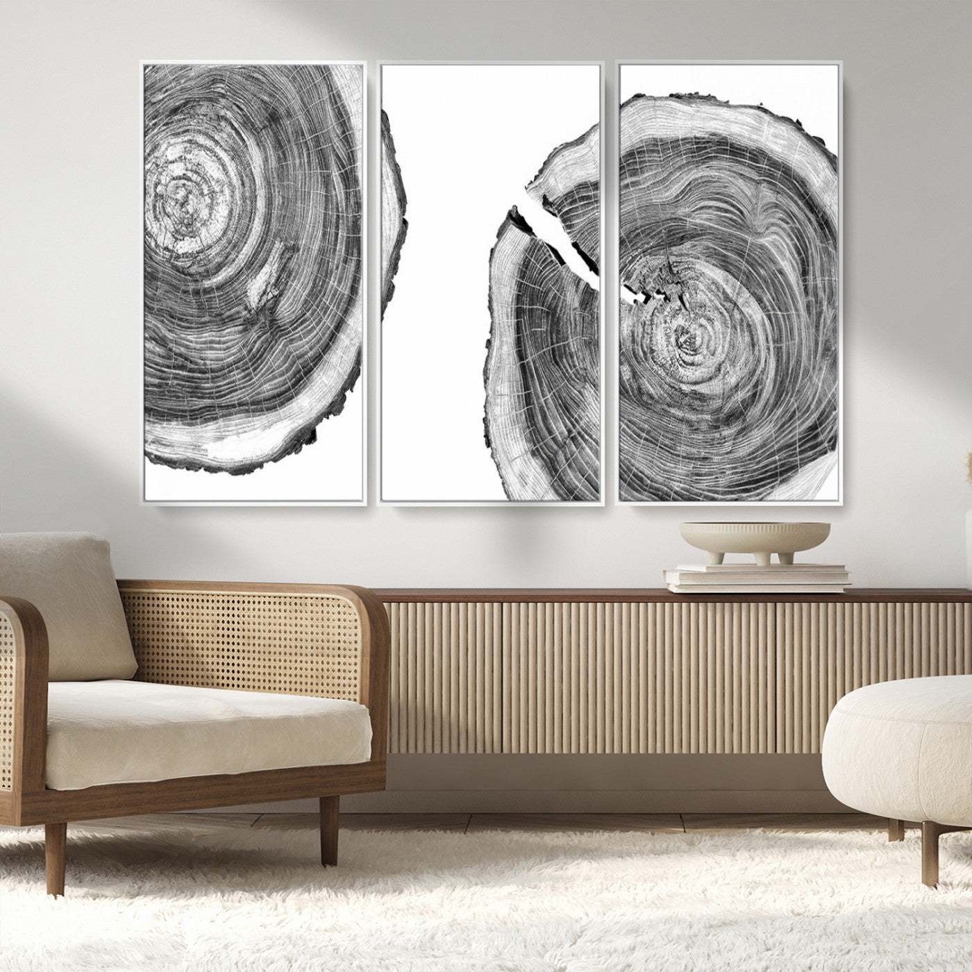 MGV-FC-48X32-3P - Modern Black and White Tree Rings Canvas Wall Art – Nature Inspired Wood Slice Print – Minimalist