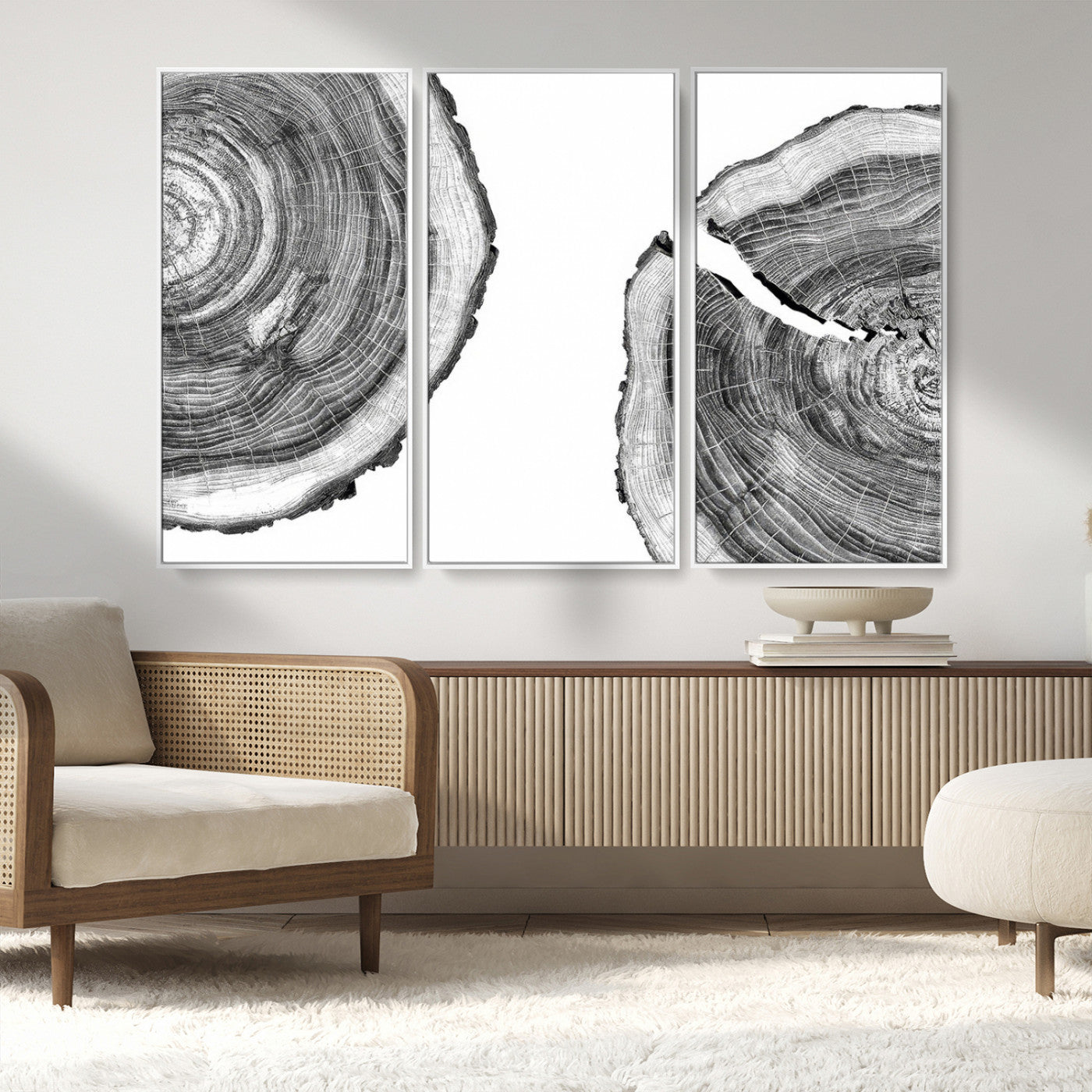 MGV-FC-48X32-3P - Abstract Large Tree Rings – Minimalist Black and White Wood Art | Triptych Canvas, Modern Wall Decor