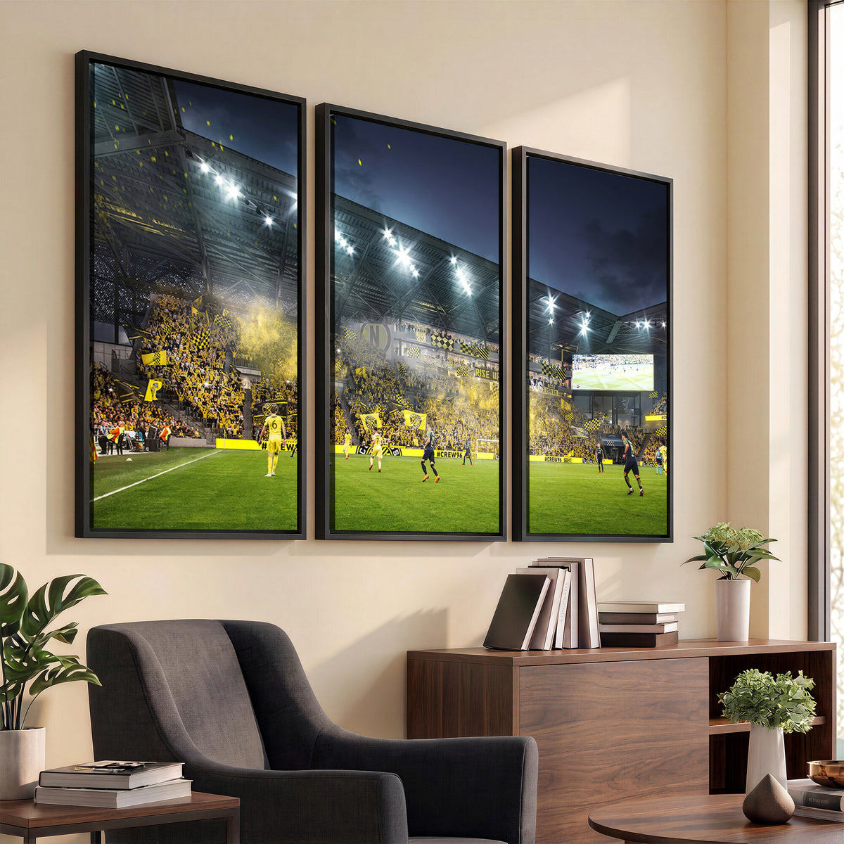 65820-MGV-CV-36X24 - Columbus Crew Stadium Match Triple Canvas Wall Art - Dynamic MLS Game Scene Canvas Wall Art