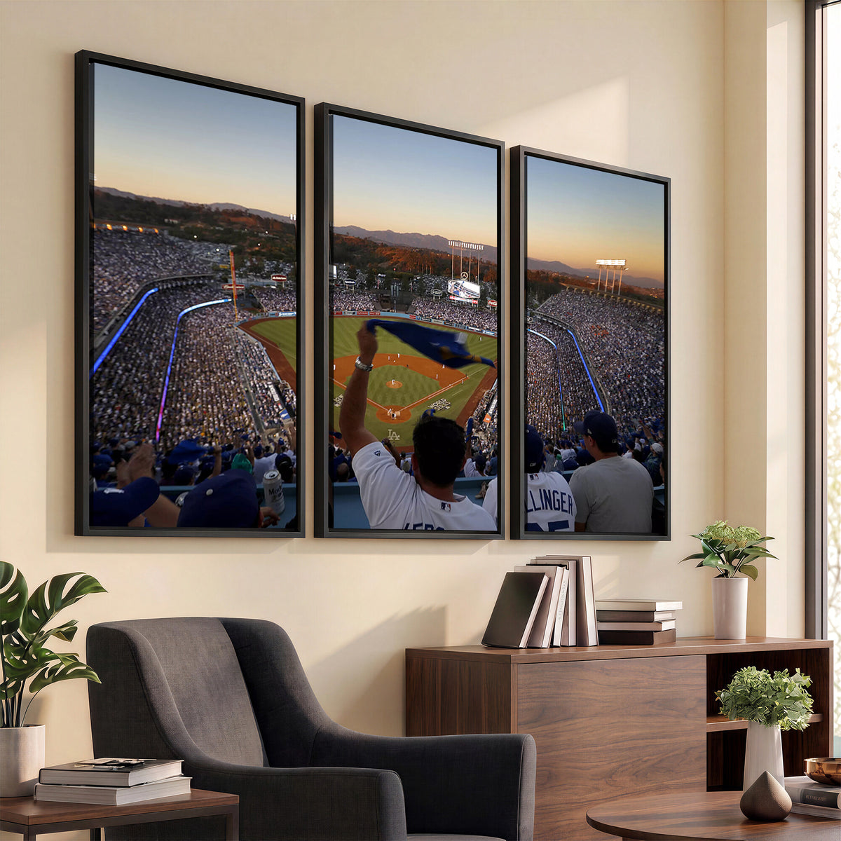 60162-MGV-CV-36X24 - Dodger Stadium Sunset Game Triple Canvas Wall Art, Los Angeles Dodgers MLB Match