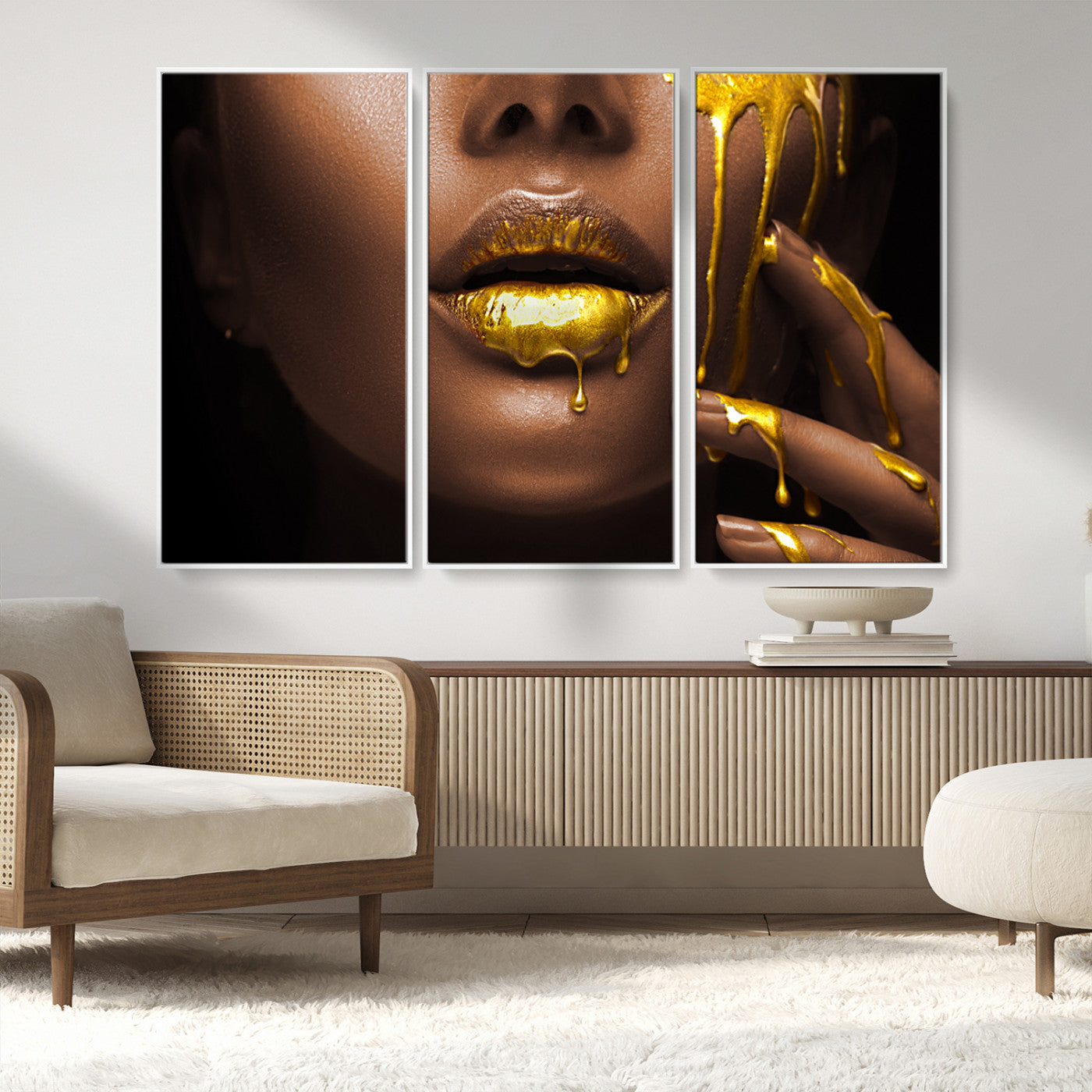 MGV-FC-48X32-3P - African American Art Black Woman Canvas Print, African Wall Art, Fashion African Woman Gold Lips
