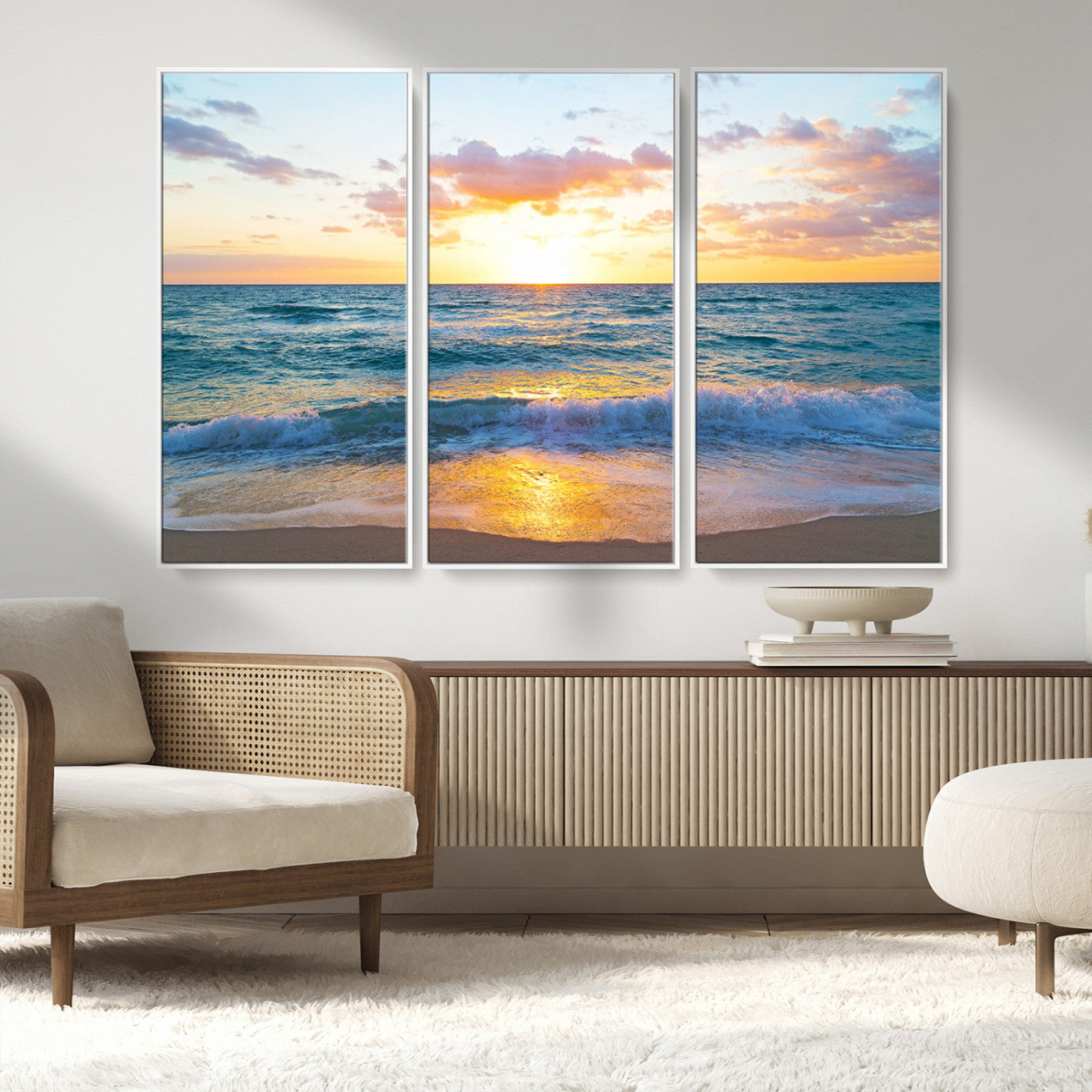MGV-FC-48X32-3P - Golden Sunset Over Ocean Waves - Serene Coastal Triptych Wall Art for Relaxing Home Decor, Ready to