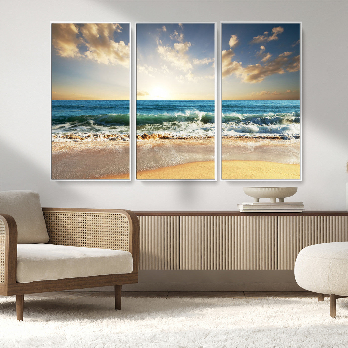 MGV-FC-48X32-3P - Golden Sunset Beach Triptych Canvas Wall Art for Living Room – 3-Panel Ocean View, Framed & Ready to