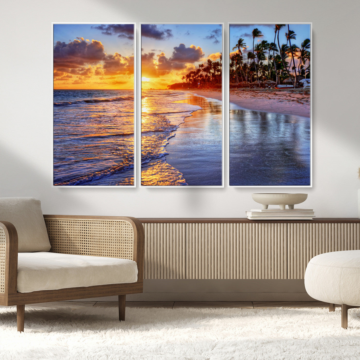 MGV-FC-48X32-3P - Serene Beach Sunset Wall Art Canvas- Coastal Seascape Print for Living Room or Bedroom, Ocean Waves