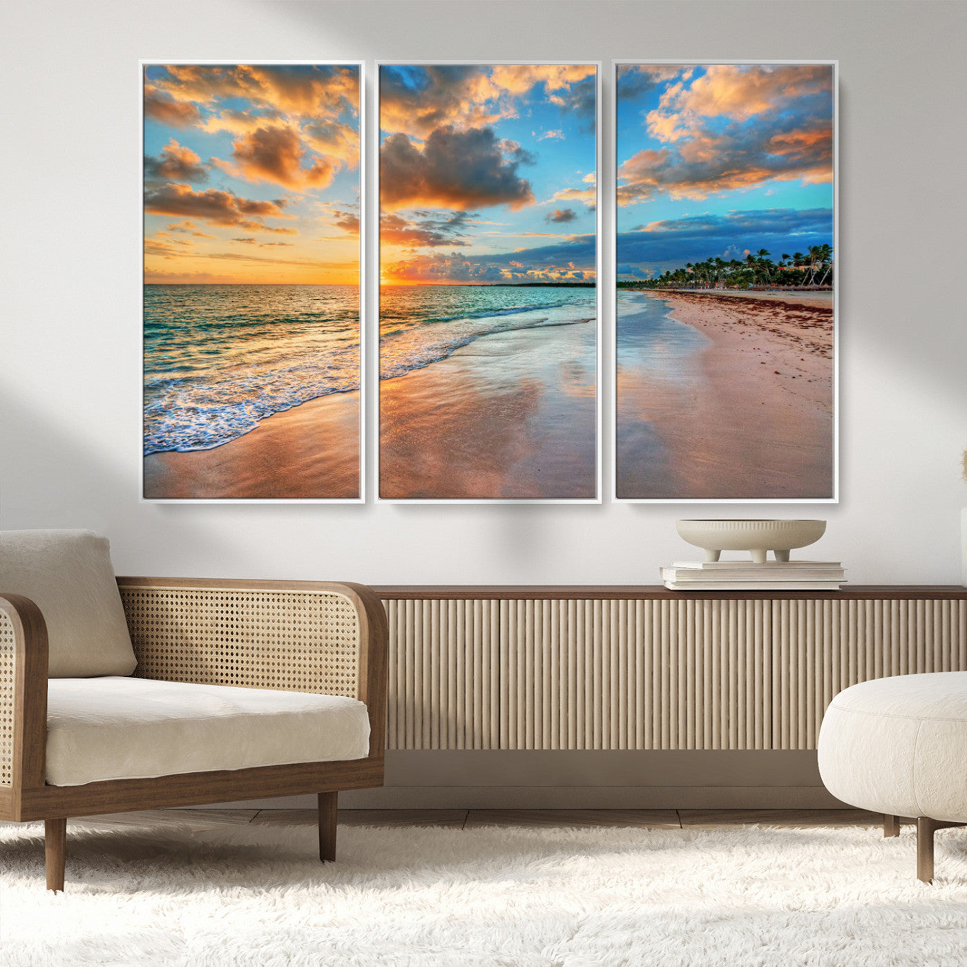 MGV-FC-48X32-3P - Serene Beach Sunset Wall Art | Coastal Ocean Canvas Print | Ready to Hang Tropical Decor for Home or