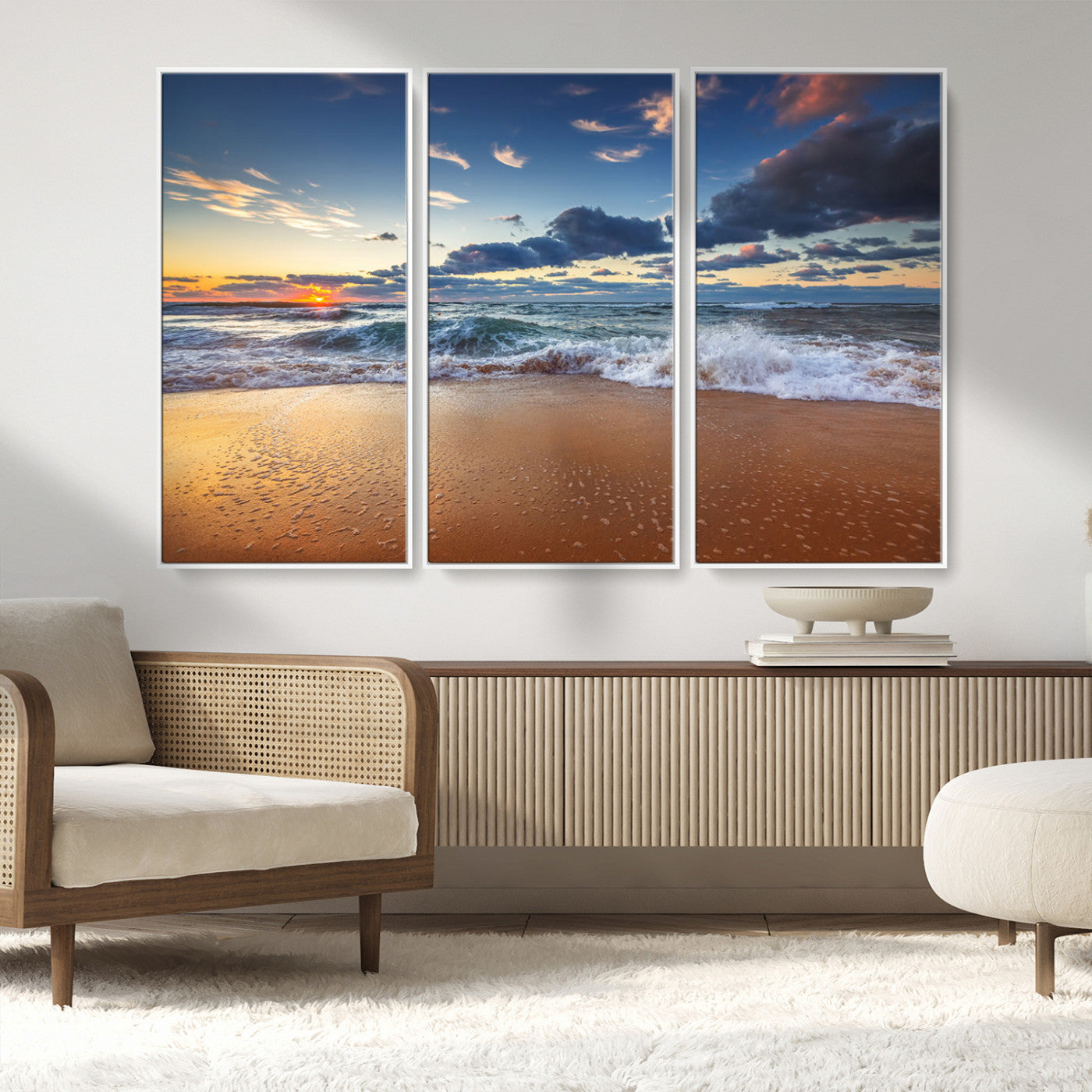 MGV-FC-48X32-3P - Beach Canvas Wall Art - Coastal Seascape Print for Living Room or Bedroom, Ocean Waves on Sand,