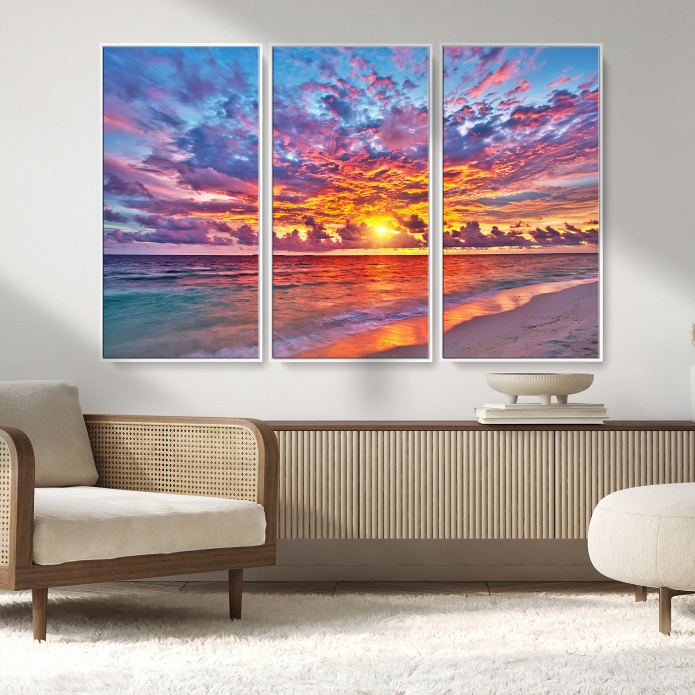 MGV-FC-48X32-3P - Vibrant Sunset Beach Wall Art - Ocean Sunset Canvas Print | Coastal Wall Art Decor Stunning Sunset