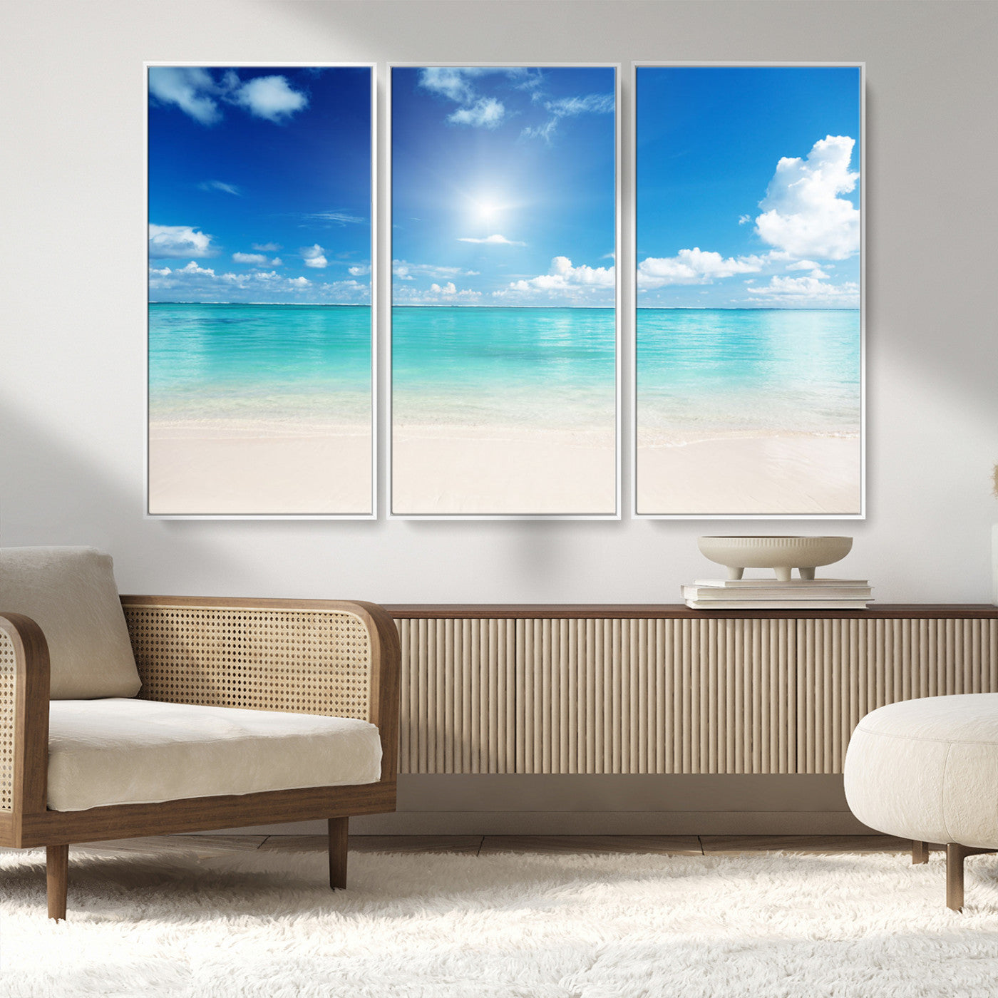 MGV-FC-48X32-3P - Blue Ocean Wall Art Canvas Print - Tranquil Ocean Paradise Triptych Wall Art - Ready to Hang Beach