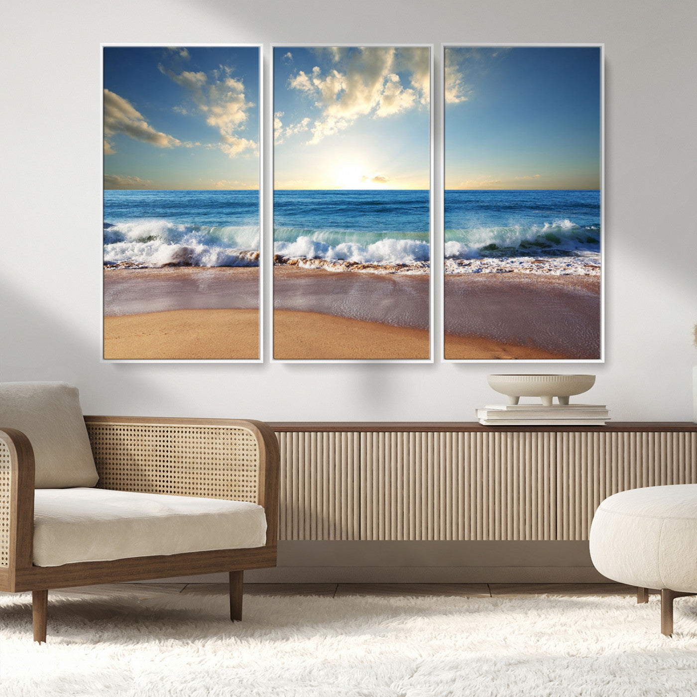MGV-FC-48X32-3P - Serene Ocean Sunset Canvas Wall Art - Beach Waves at Sunset, Ready to Hang