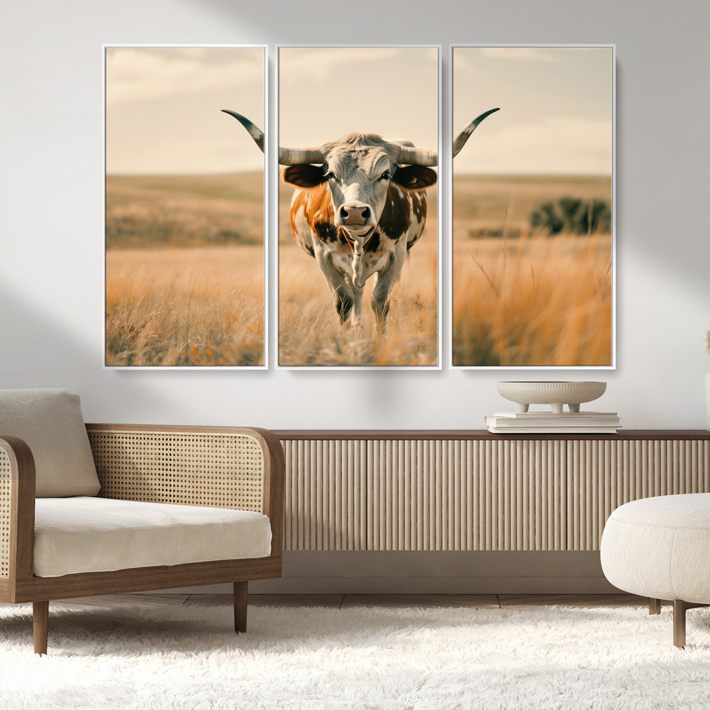 MGV-FC-48X32-3P - Texas Cow Wall Art Canvas Print for Farm House Wall Decor, Farmhouse Wall Art Print