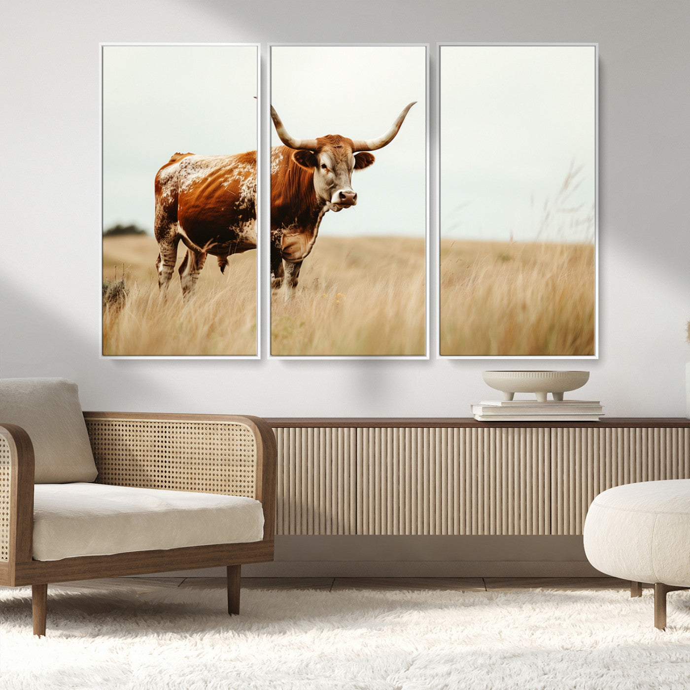 MGV-FC-48X32-3P - Texas Longhorn Canvas Wall Art Print – Majestic Western Cattle in Rustic Farmhouse Decor – Cow Wall