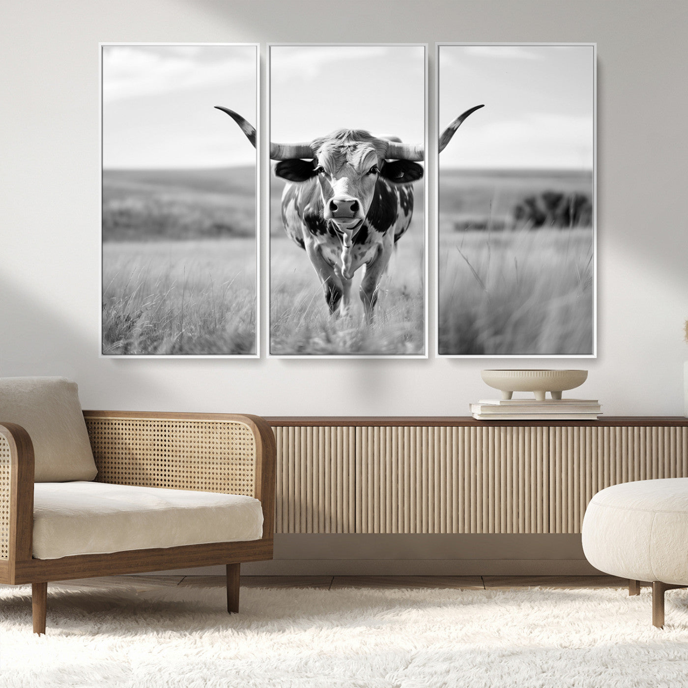 MGV-FC-48X32-3P - Texas Cow Longhorn Wall Art Canvas Print for Farm House Wall Decor, Farmhouse Wall Art Print
