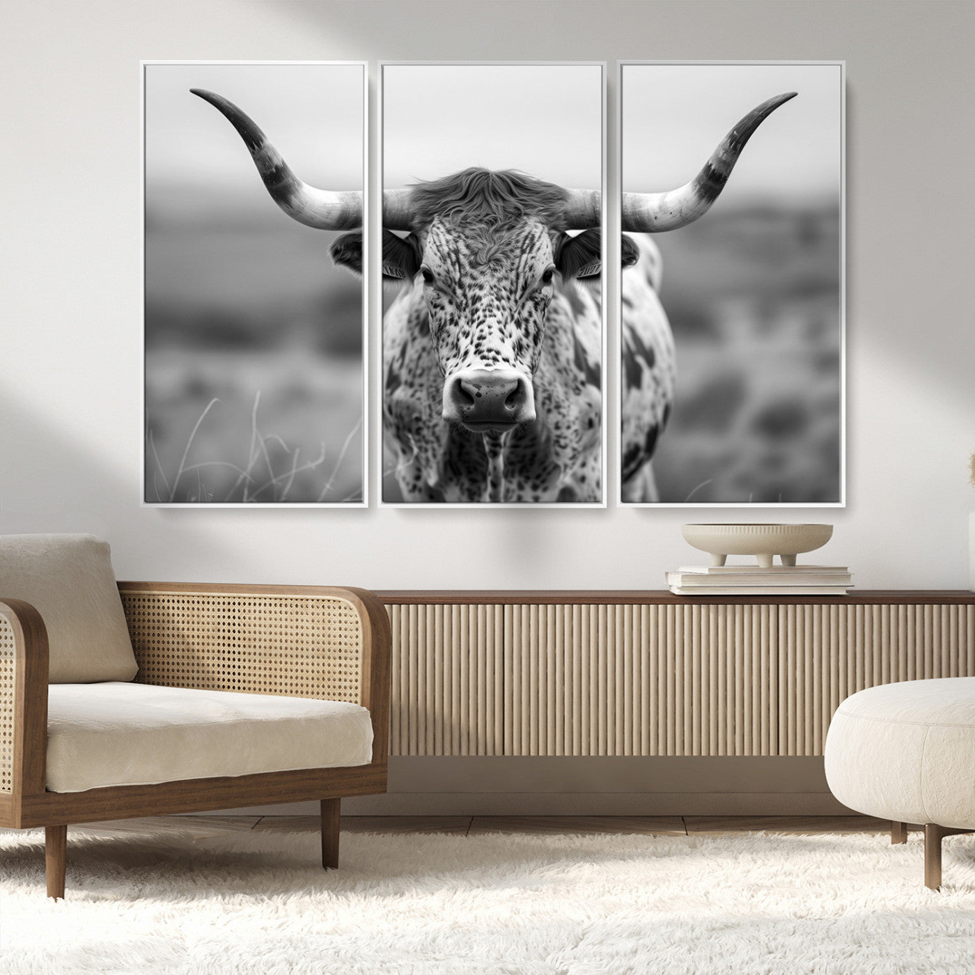 MGV-FC-48X32-3P - Texas Cow Longhorn Wall Art Canvas Print for Farm House Wall Decor, Farmhouse Wall Art Print