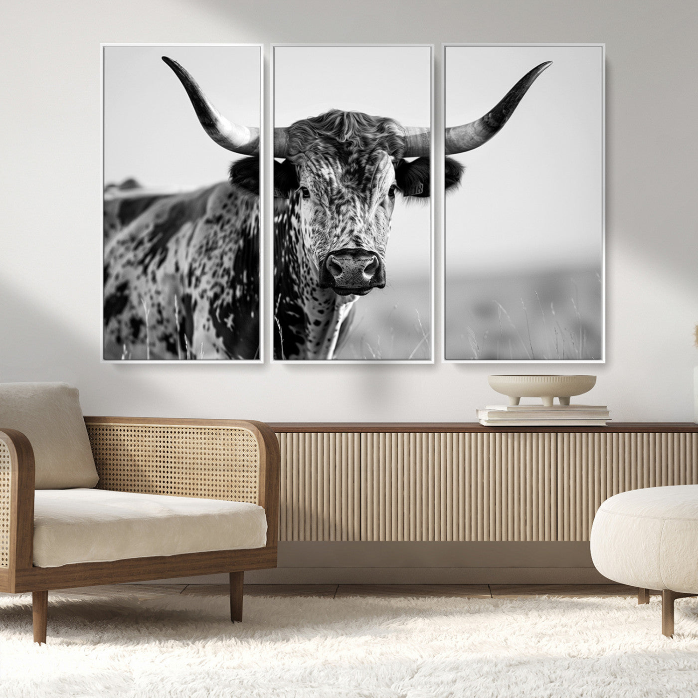MGV-FC-48X32-3P - Texas Highland Cow Longhorn Canvas Print - Rustic Farmhouse Wall Art - Large Texas Longhorn