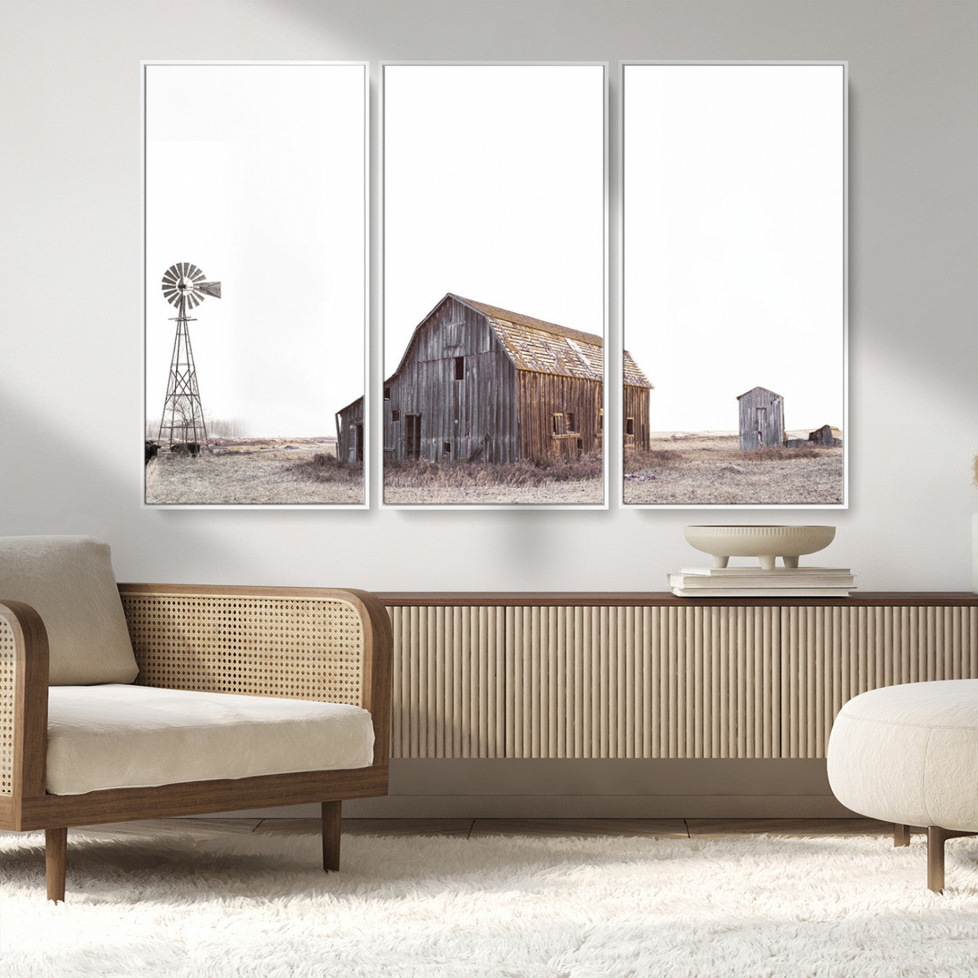 -Set of 3 Rustic Farmhouse Wall Art Prints – Country Barn, Wheat Field, and Farm Landscape for Cozy