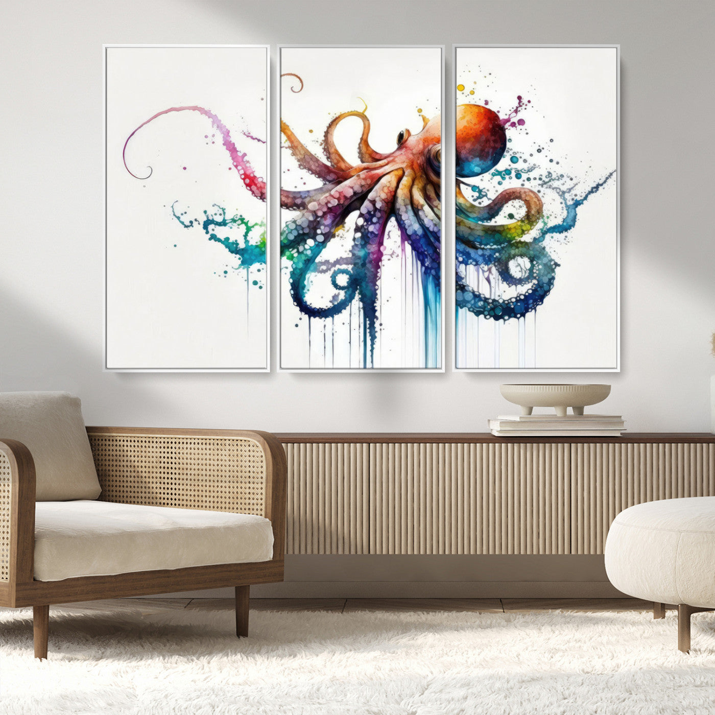 MGV-FC-48X32-3P - Watercolor Vibrant Octopus Wall Art Canvas Print | Abstract Sea Life Art | Colorful Marine Creature