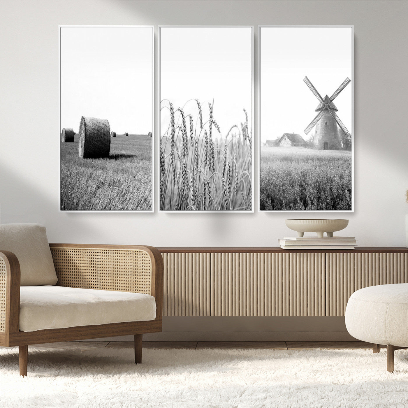 MGV-FC-48X32-3P - Vintage Farmhouse Black and White Triptych Wall Art – Giclee Canvas Featuring Wheat Fields, Hay