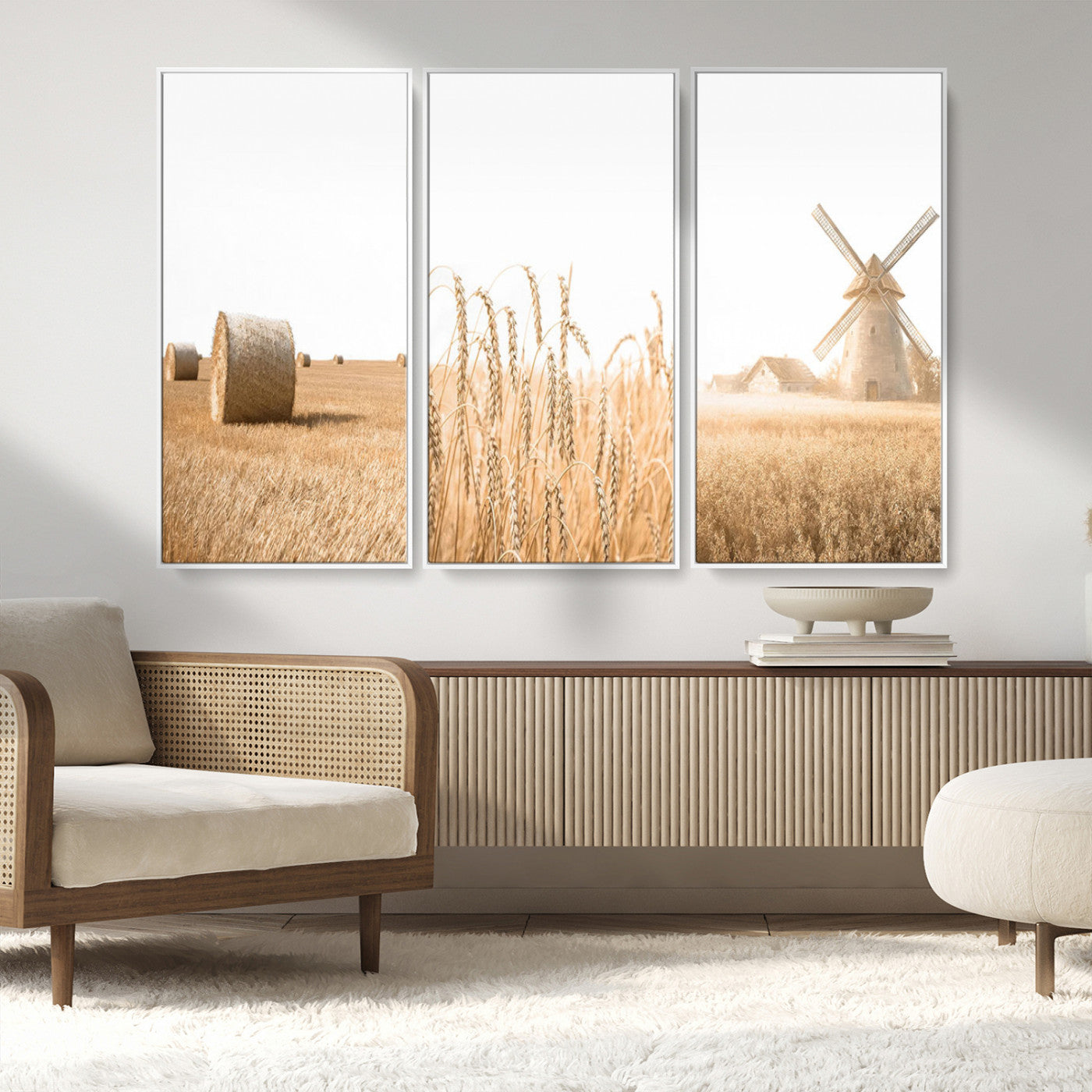 MGV-FC-48X32-3P - Vintage Farmhouse Triptych Wall Art – Giclée Canvas Featuring Wheat Fields, Hay Bales, and a
