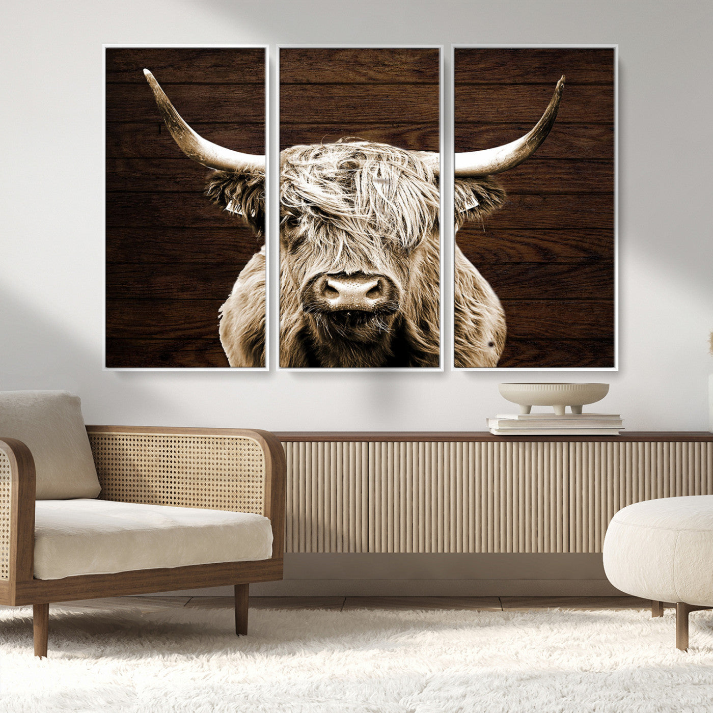 MGV-FC-48X32-3P - Highland Cow Wall Art Canvas Print, Rustic Farmhouse Decor, Majestic Scottish Highland Bull Portrait