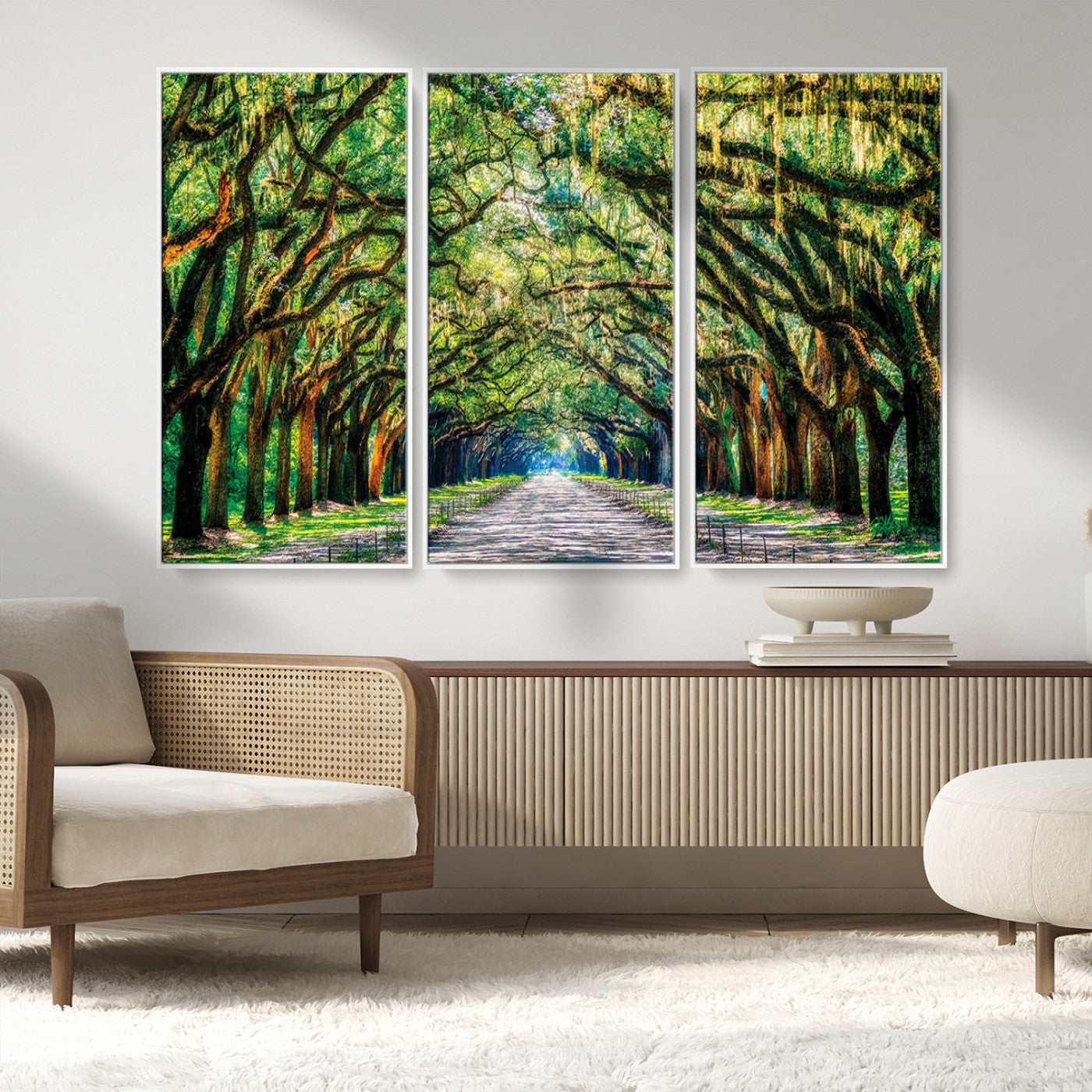 MGV-FC-48X32-3P - Serene Tree Tunnel Wall Art Canvas Print – Pathway Under Canopy of Lush Green Trees, Nature-Inspired