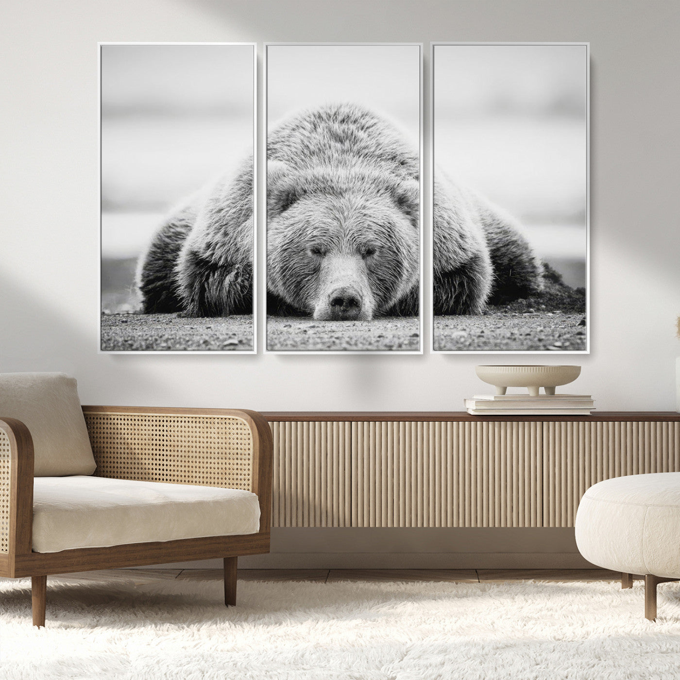 MGV-FC-48X32-3P - Resting Grizzly Bear Wall Art Canvas Print – Majestic Lazy Black and White Wildlife Bear Art,