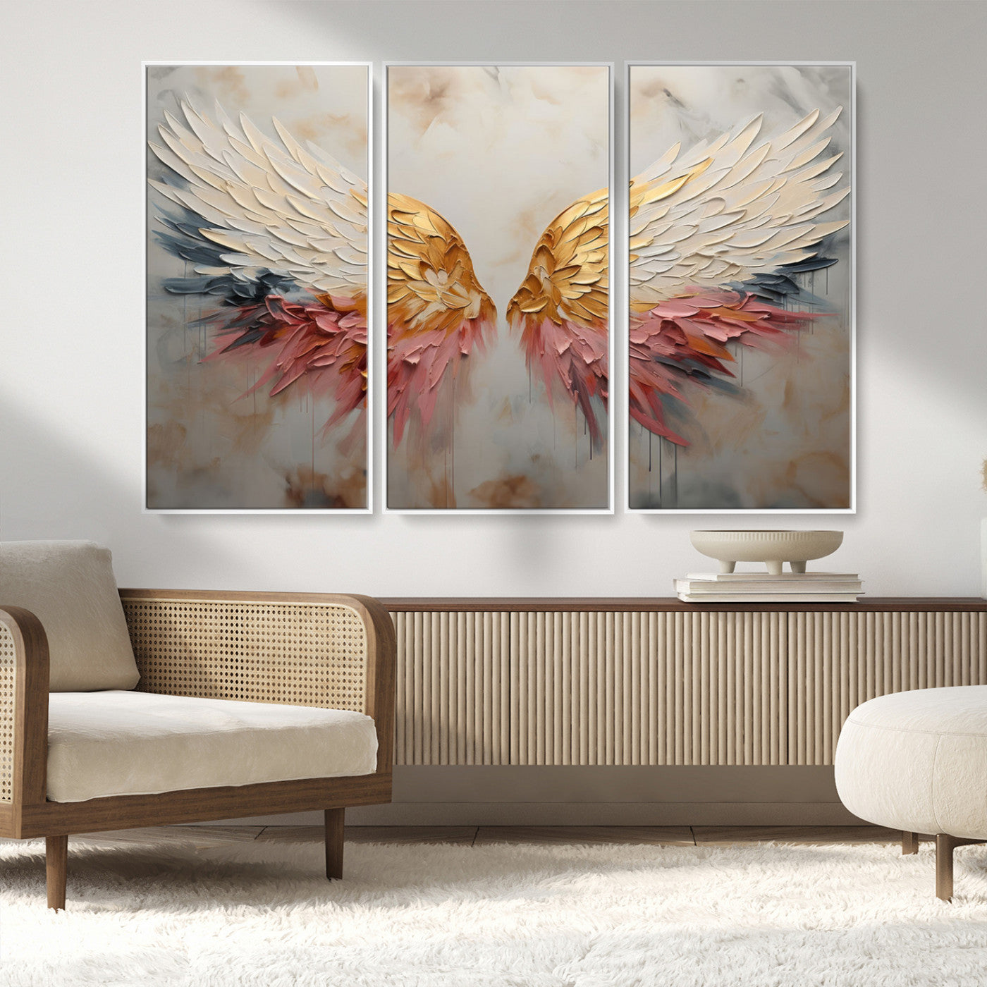 MGV-FC-48X32-3P - Golden Angel Wings Wall Art Canvas Print – Stunning Abstract Winged Art for Elegant Home Decor –