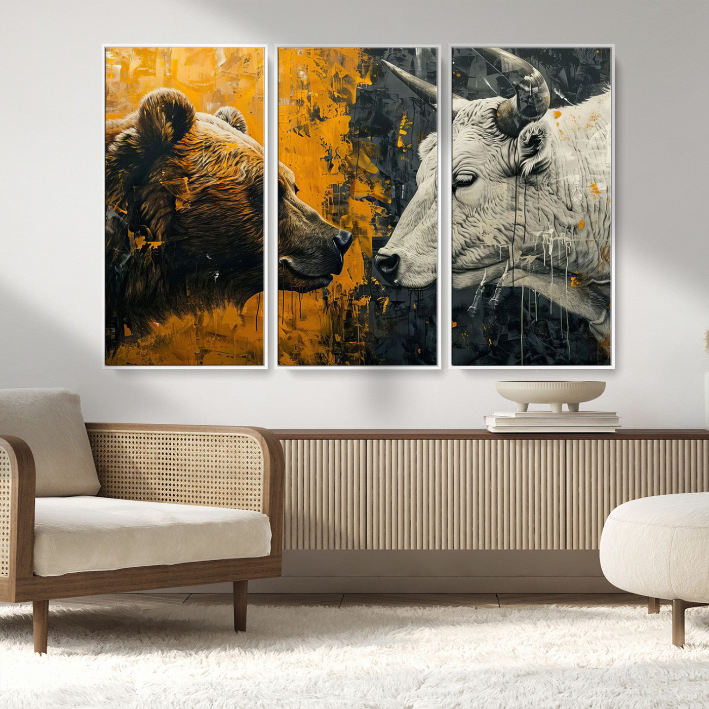 MGV-FC-48X32-3P - Bear and Bull Wall Art Canvas Print – Abstract Animal Portrait Painting for Modern Home Decor –