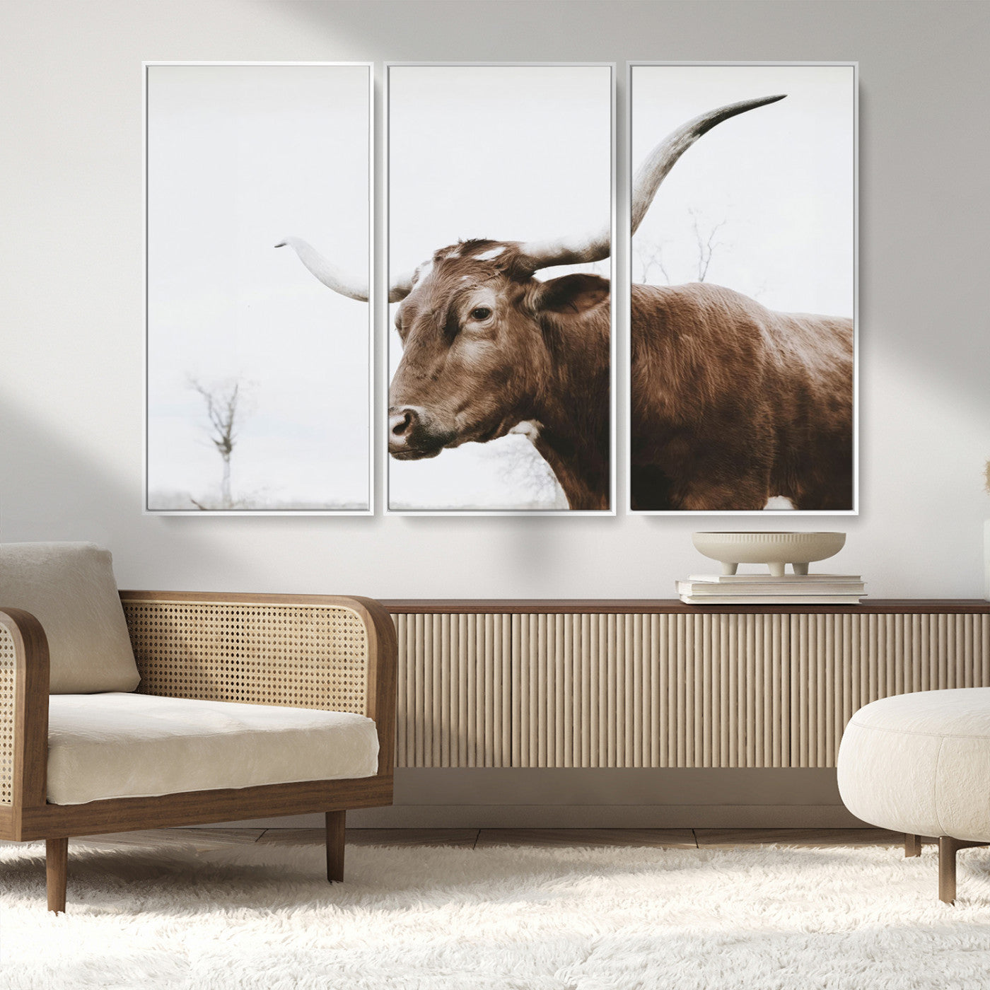 MGV-FC-48X32-3P - Rustic Bull Wall Art Canvas Print – Modern Longhorn Farmhouse Animal Decor – Abstract Farm Cow