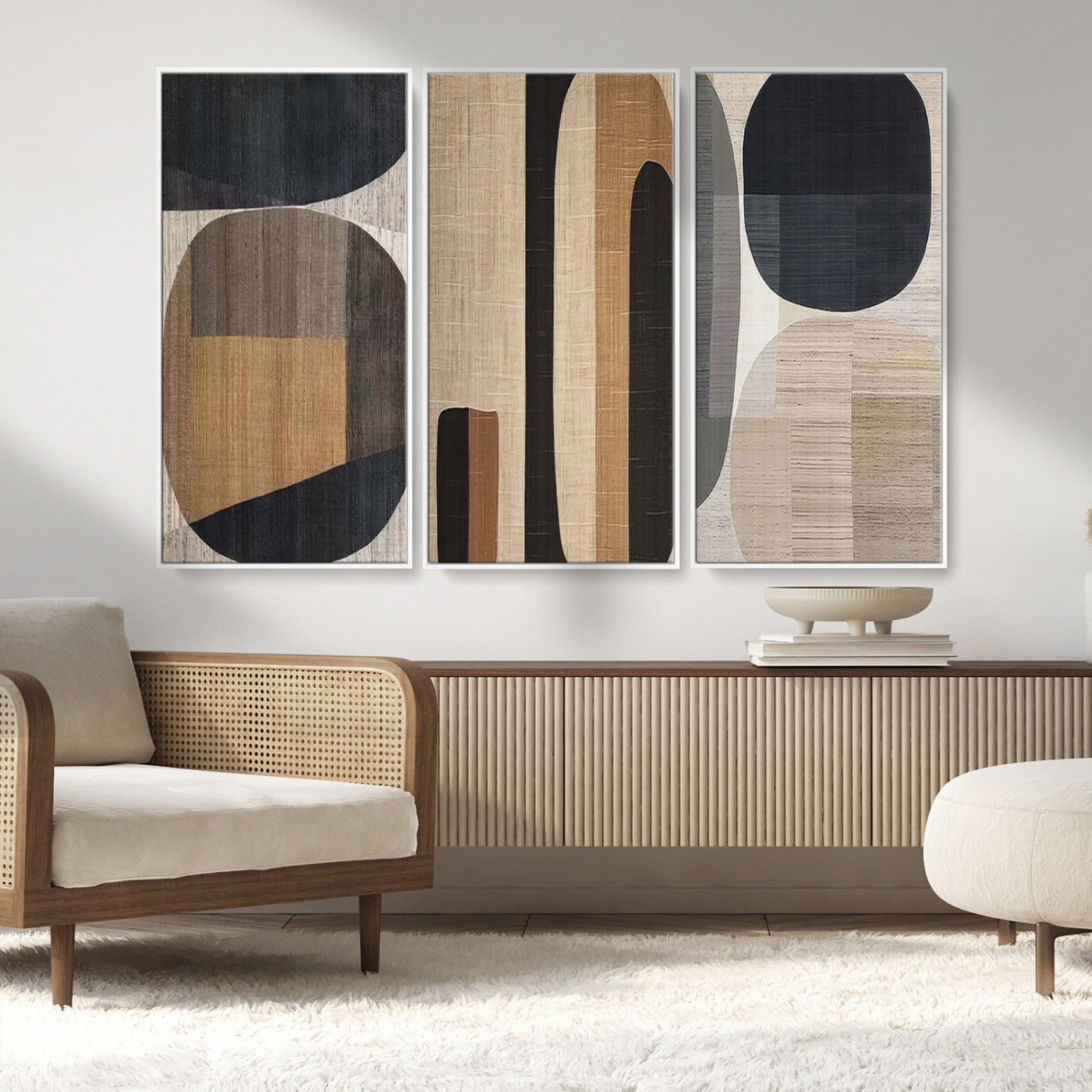 MGV-FC-48X32-3P - Abstract Minimalist Canvas Wall Art - Neutral Geometric Modern Boho Decor, Minimalist Brown Wabi